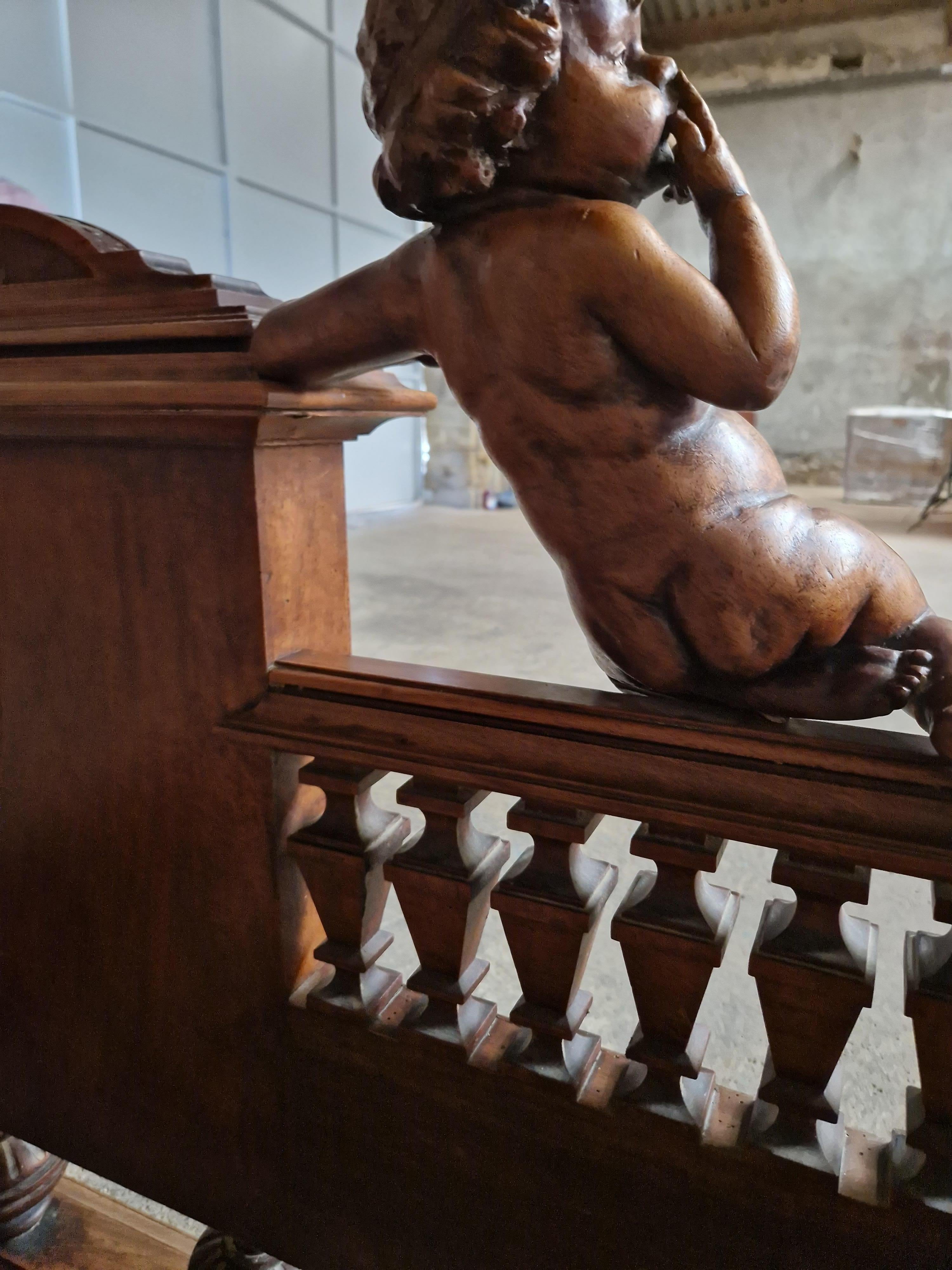 Hand-Carved Antique Walnut Bed Renaissance Style 19th Century