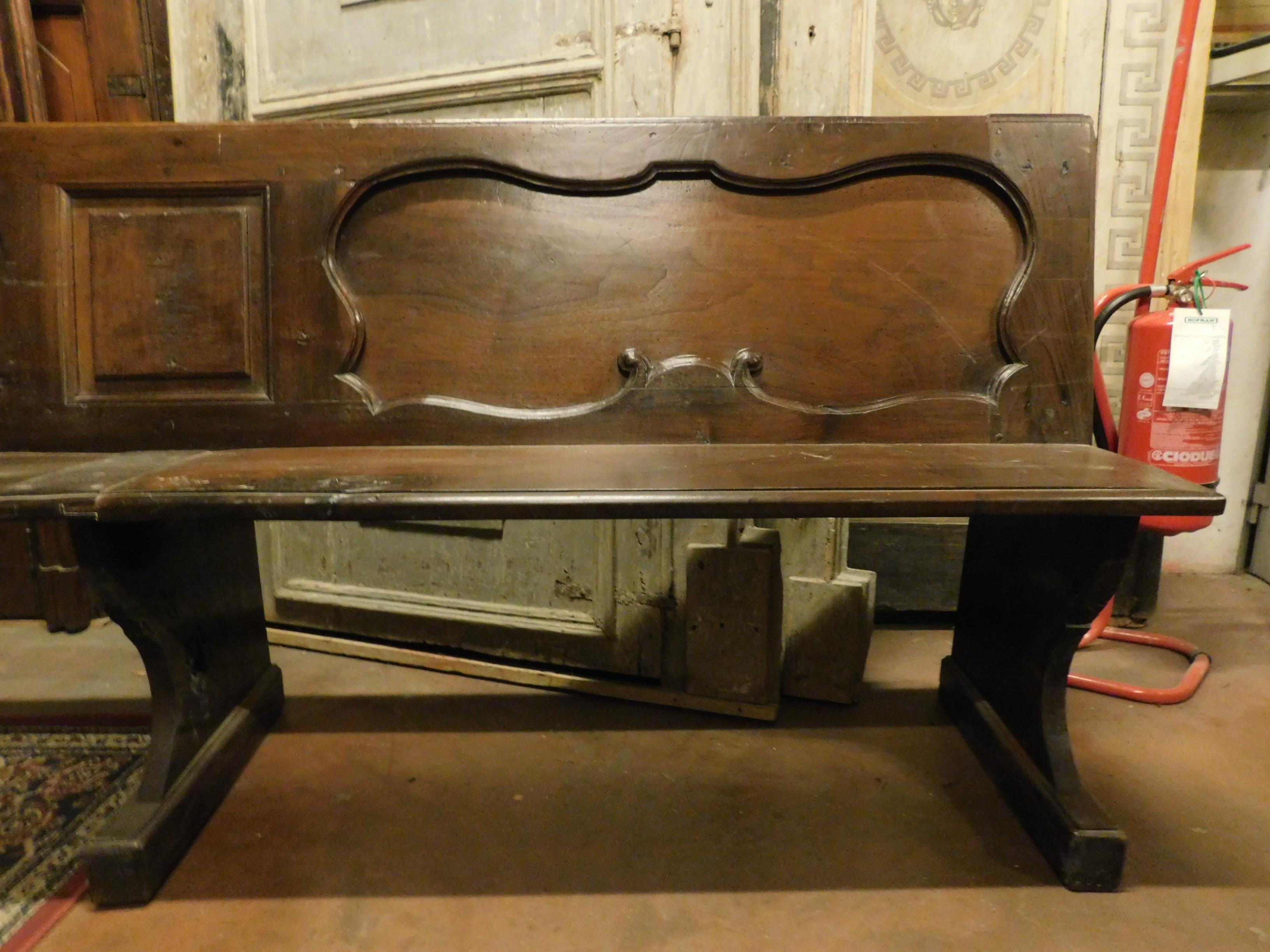 Italian Antique Walnut Bench, Carved Panels, 18th Century, Italy For Sale
