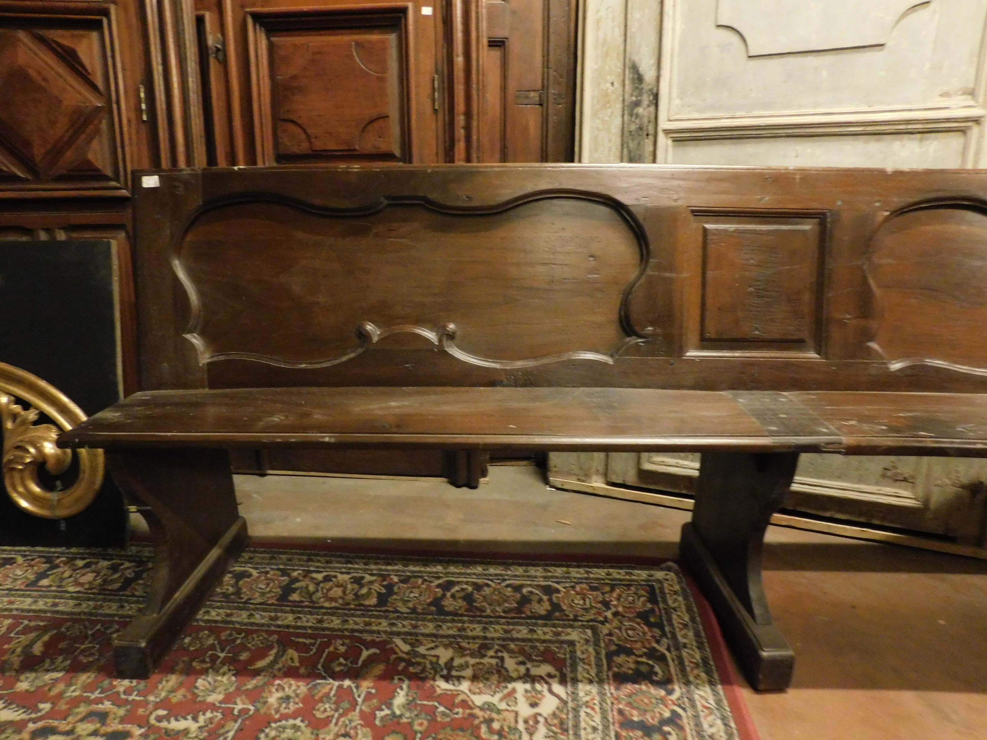 Hand-Carved Antique Walnut Bench, Carved Panels, 18th Century, Italy For Sale