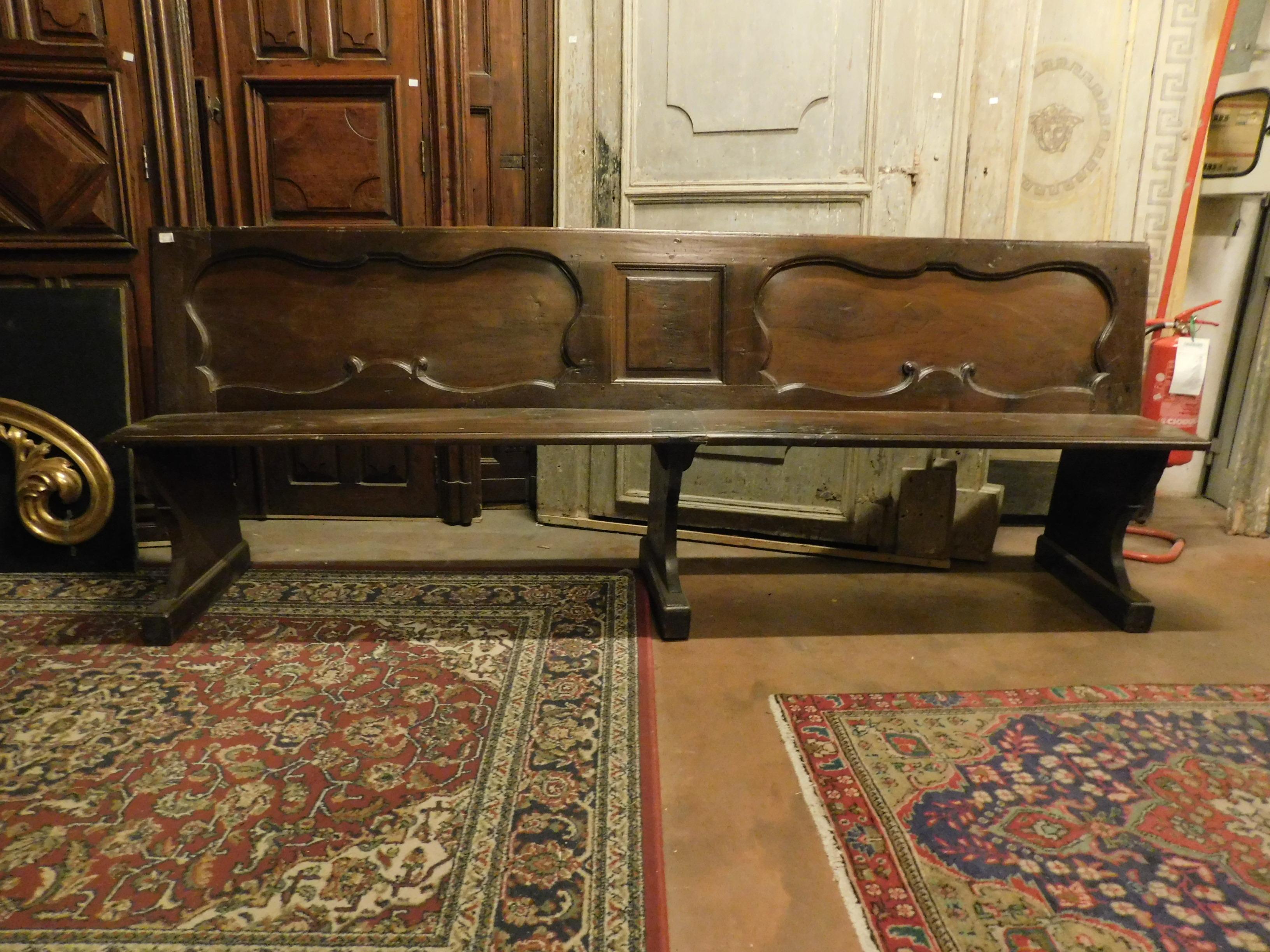 18th Century and Earlier Antique Walnut Bench, Carved Panels, 18th Century, Italy For Sale