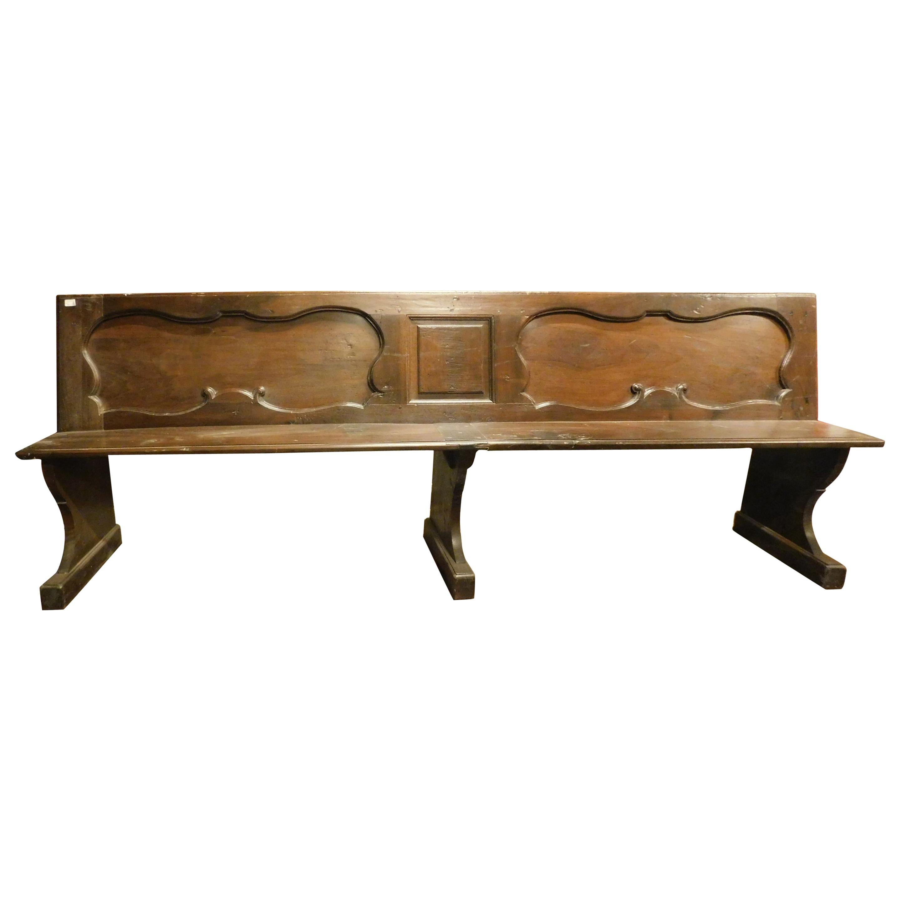 Antique Walnut Bench, Carved Panels, 18th Century, Italy For Sale
