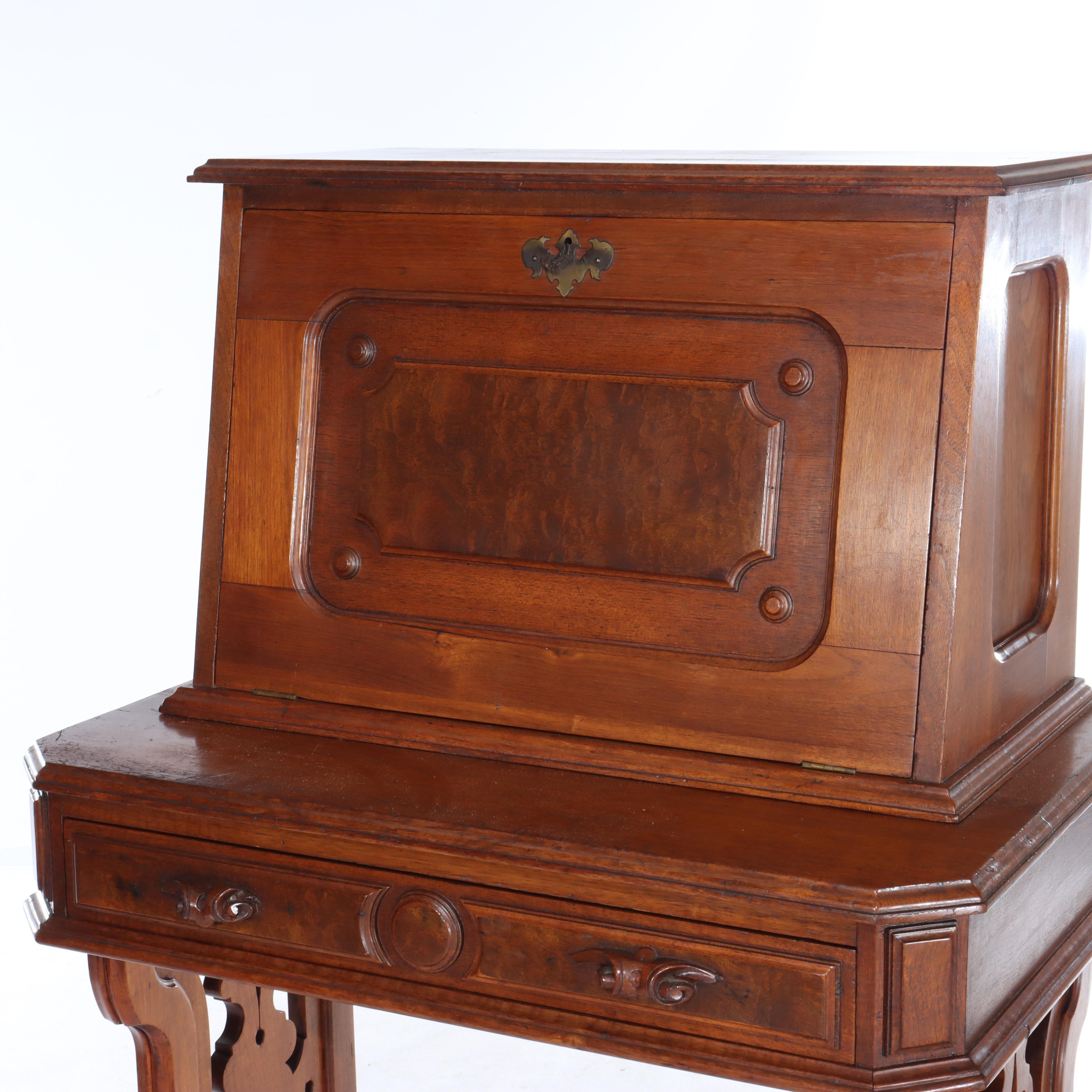 Antike Nussbaum, Vogelaugenahorn & Wurzelholz Lady's Drop Front Desk c1890 im Angebot 1