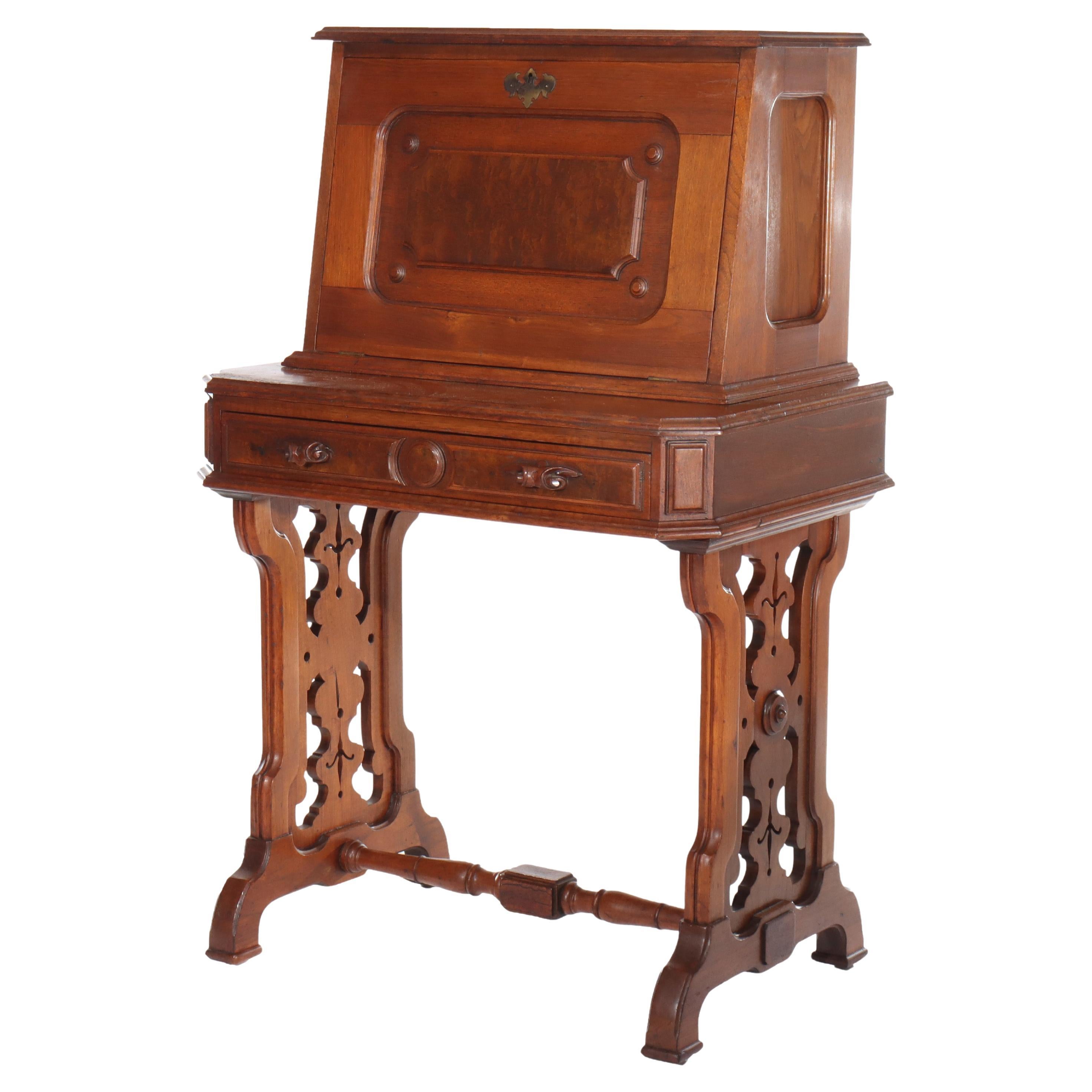Antique Walnut, Birds Eye Maple & Burl Lady’s Drop Front Desk c1890