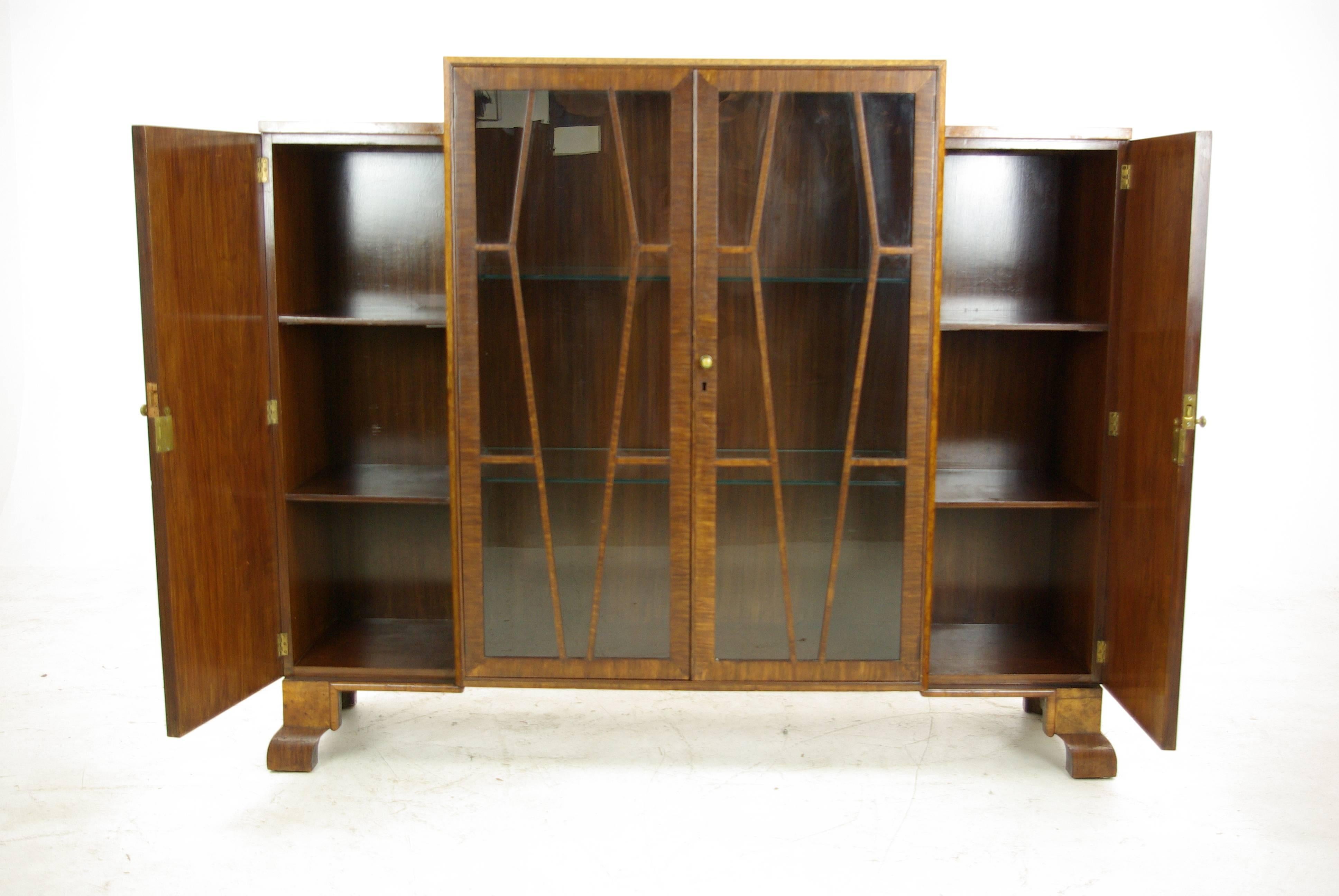 Antique walnut bookcase, Art Deco bookcase, Scotland 1930, Antique Furniture, B977.

- Scotland, 1930
- Solid walnut and veneers
- Figured burr walnut top
- Two glazed astragal doors
- Fitted with two adjustable glass shelves
- Flanked by