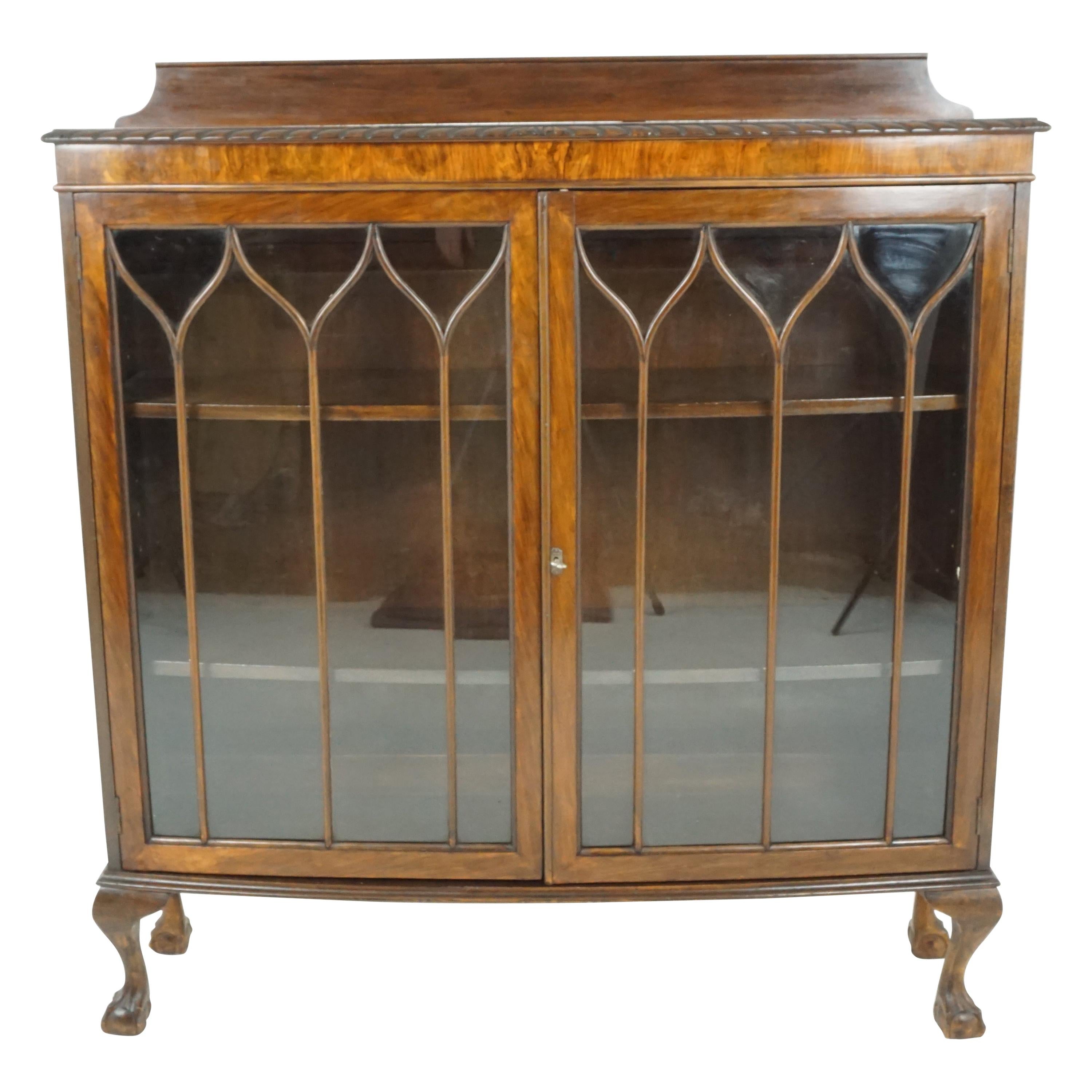 Antique Walnut Bookcase, Bow Front Display Cabinet, Scotland 1920, B1927