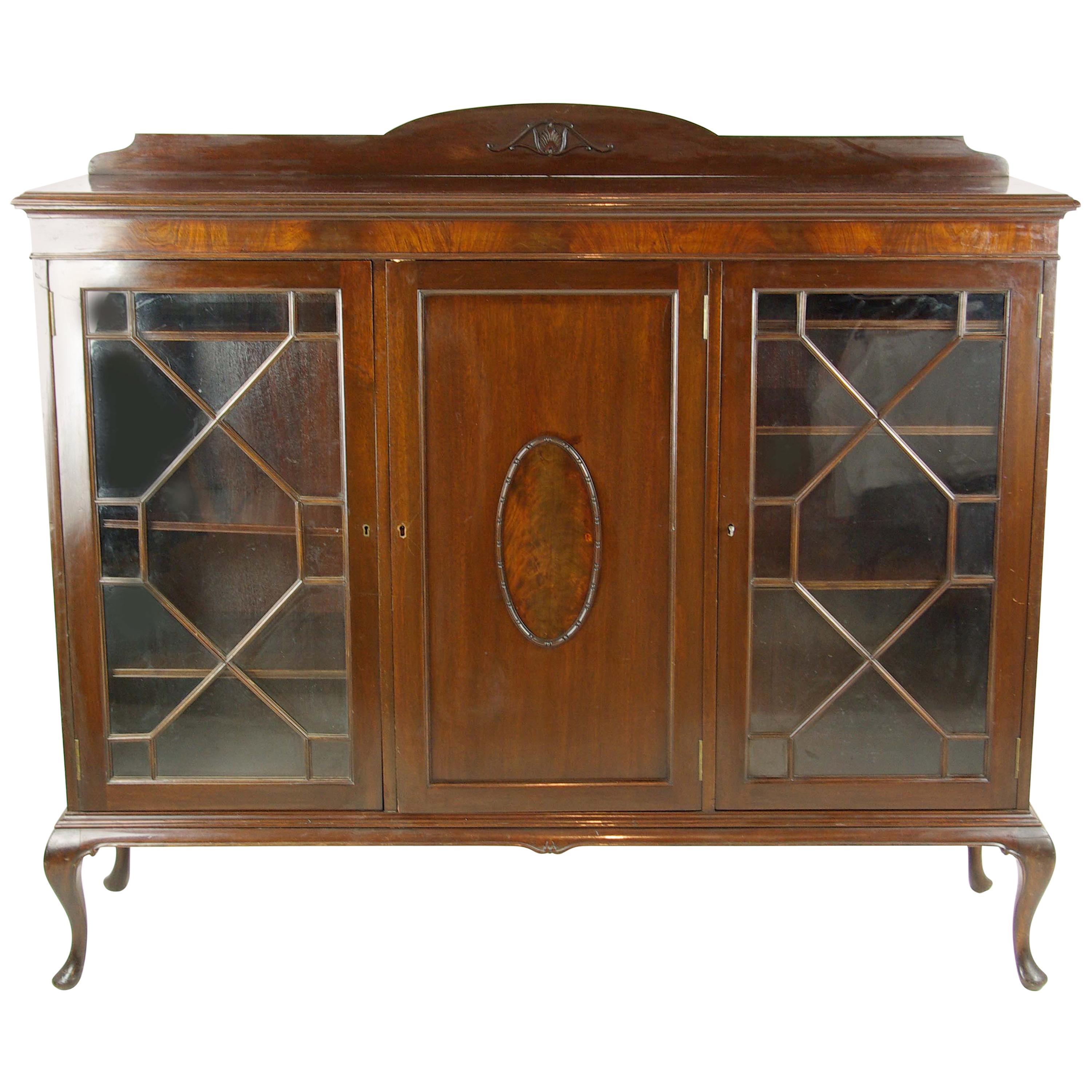 Antique Walnut Bookcase, Three-Door Bookcase, Display Cabinet, 1920