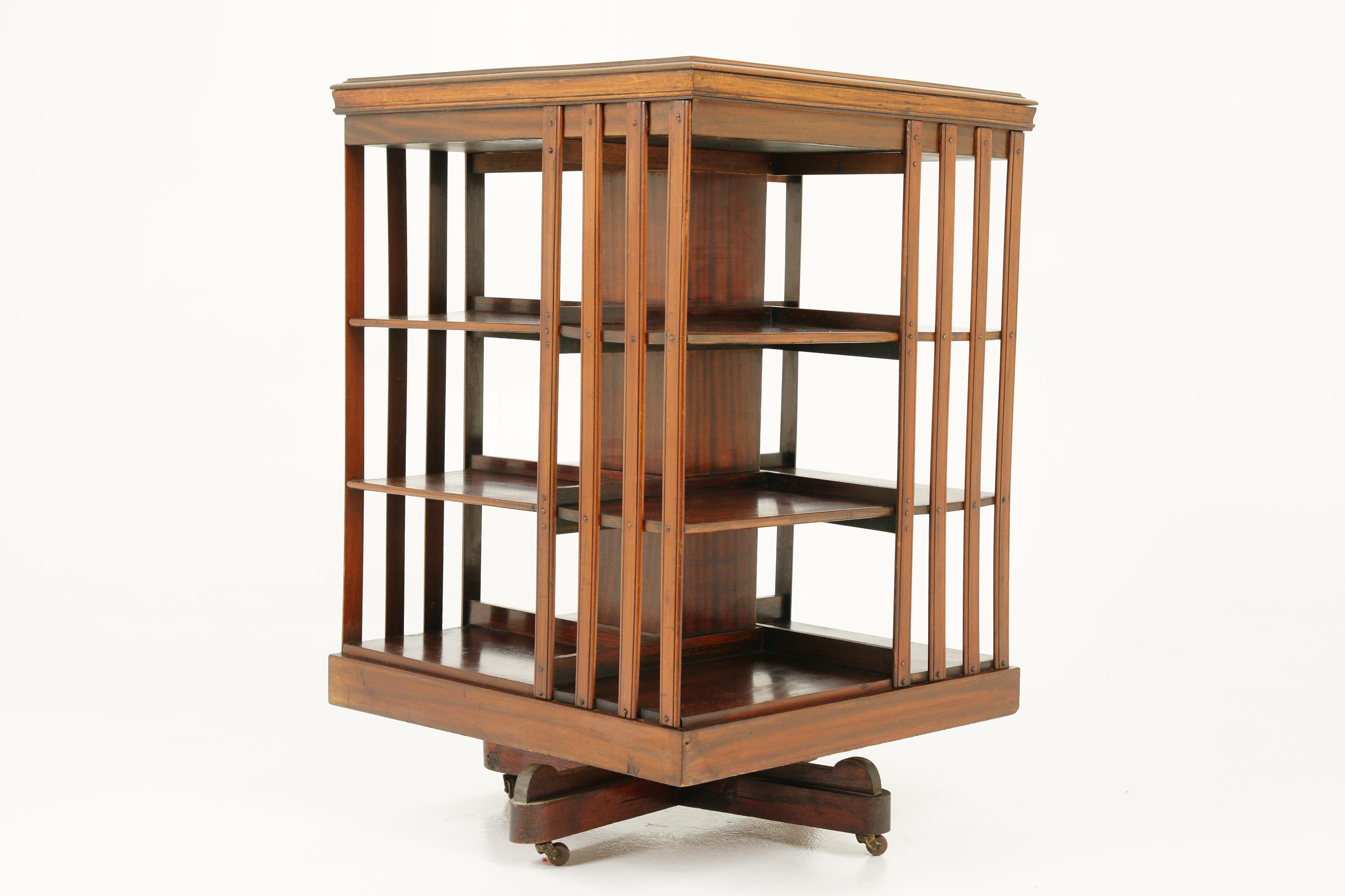 Scottish Antique Walnut Bookcase, Three-Tier Revolving Bookshelf, Scotland 1910, B1646