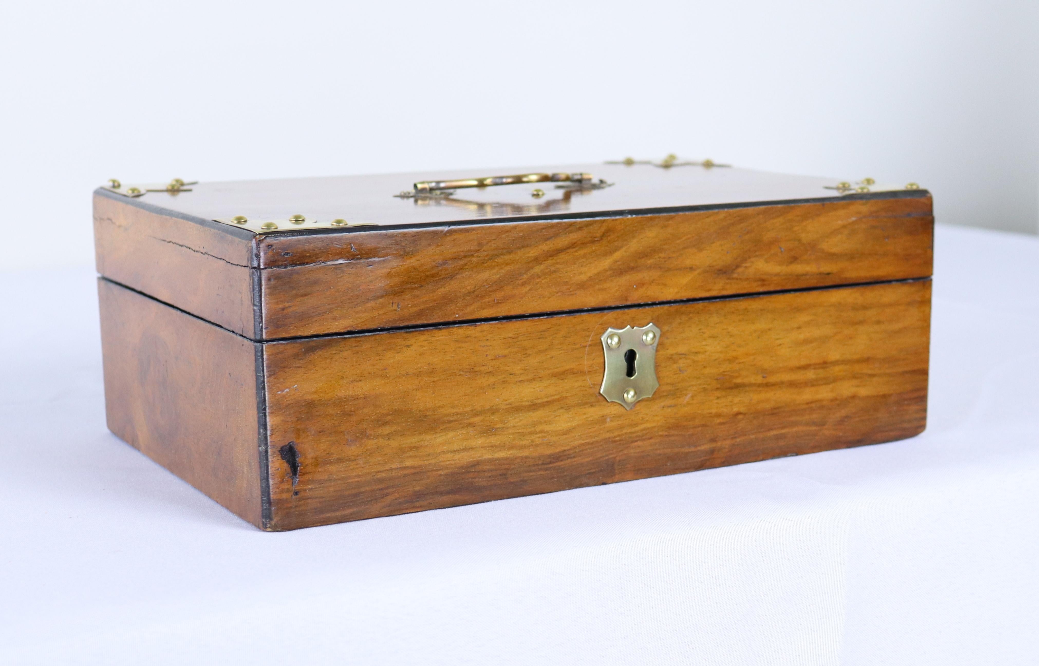 Antique Walnut Box with Brass Accents In Good Condition For Sale In Port Chester, NY