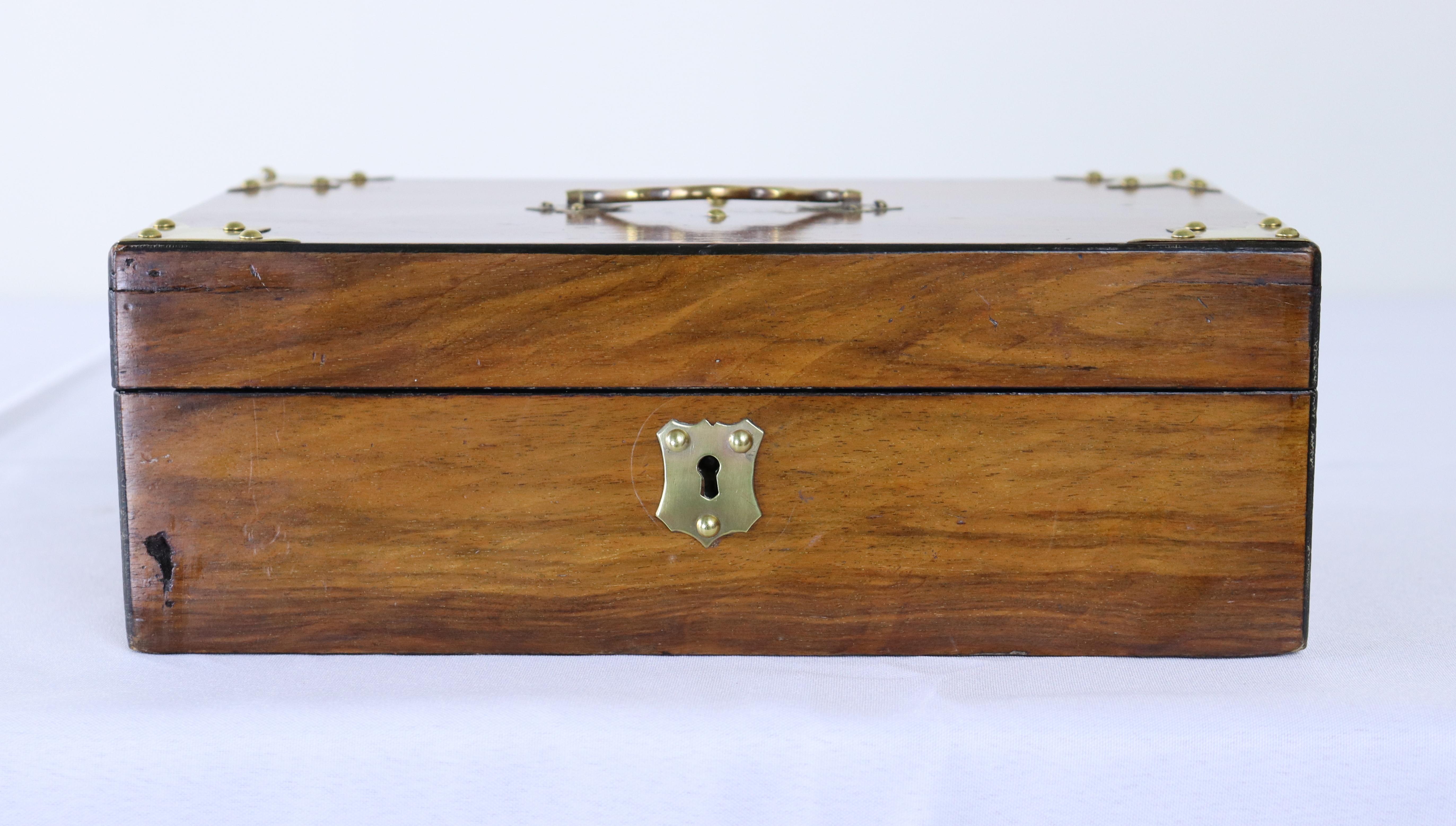 19th Century Antique Walnut Box with Brass Accents For Sale