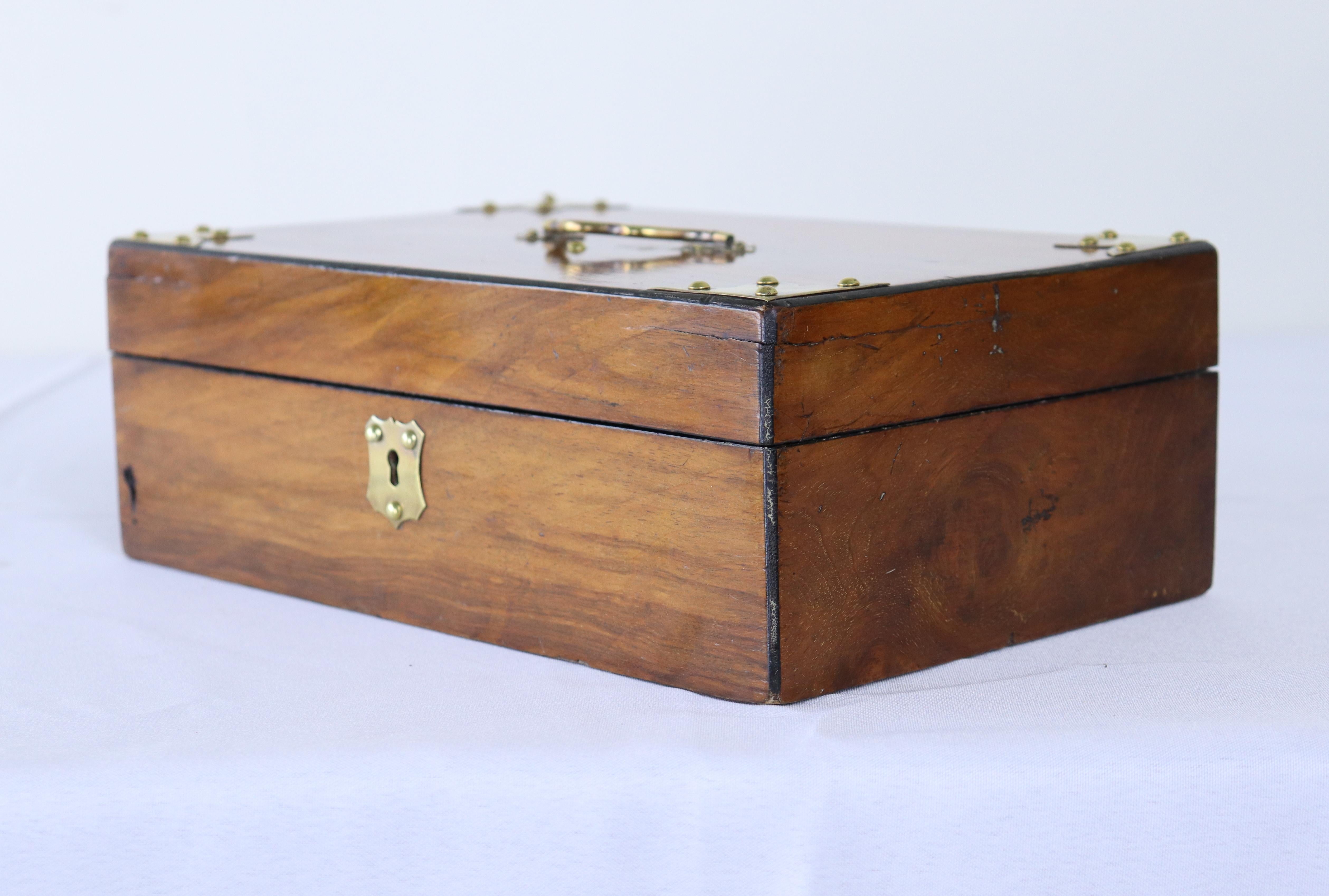 Antique Walnut Box with Brass Accents For Sale 1