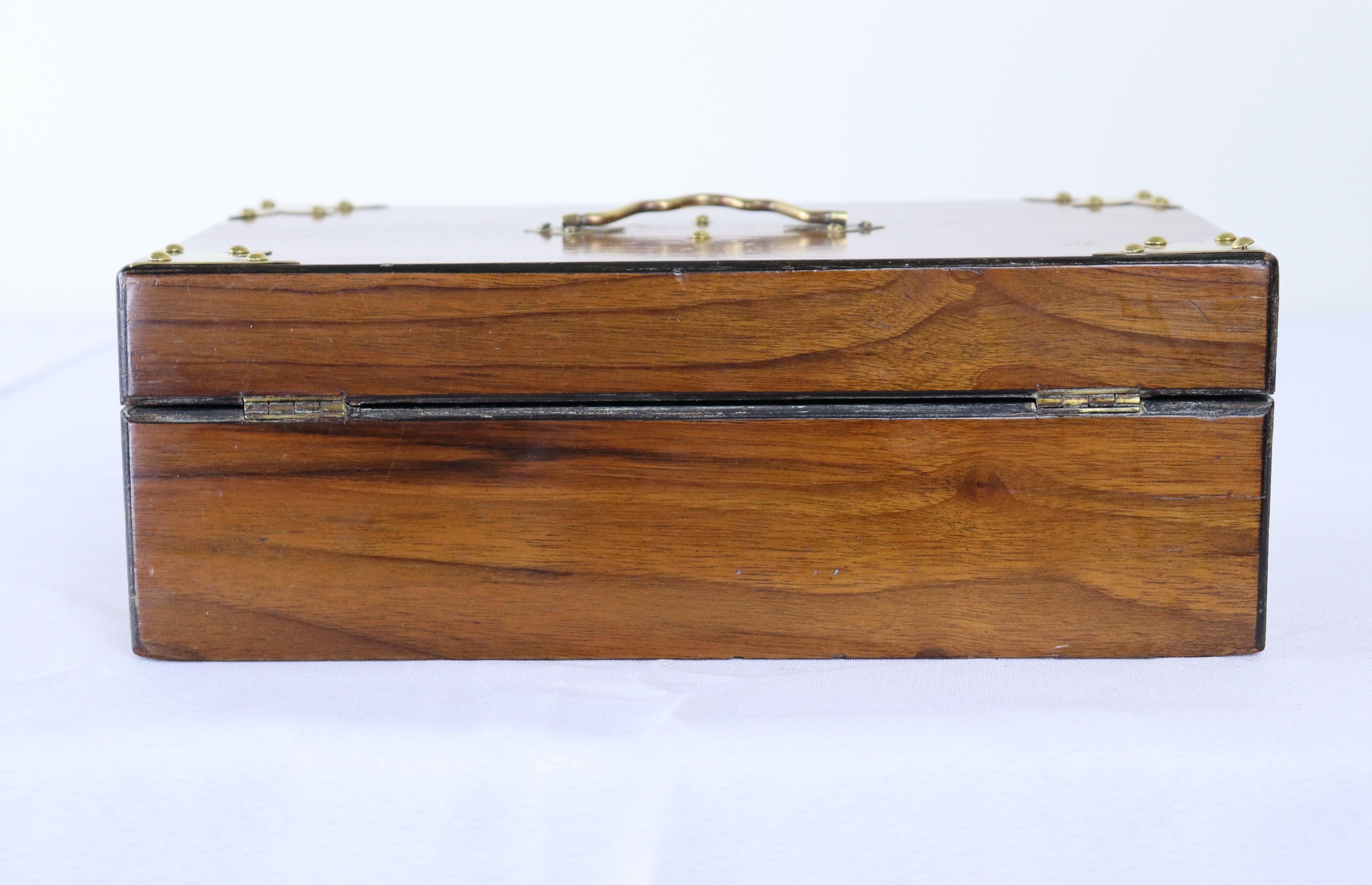 Antique Walnut Box with Brass Accents For Sale 2