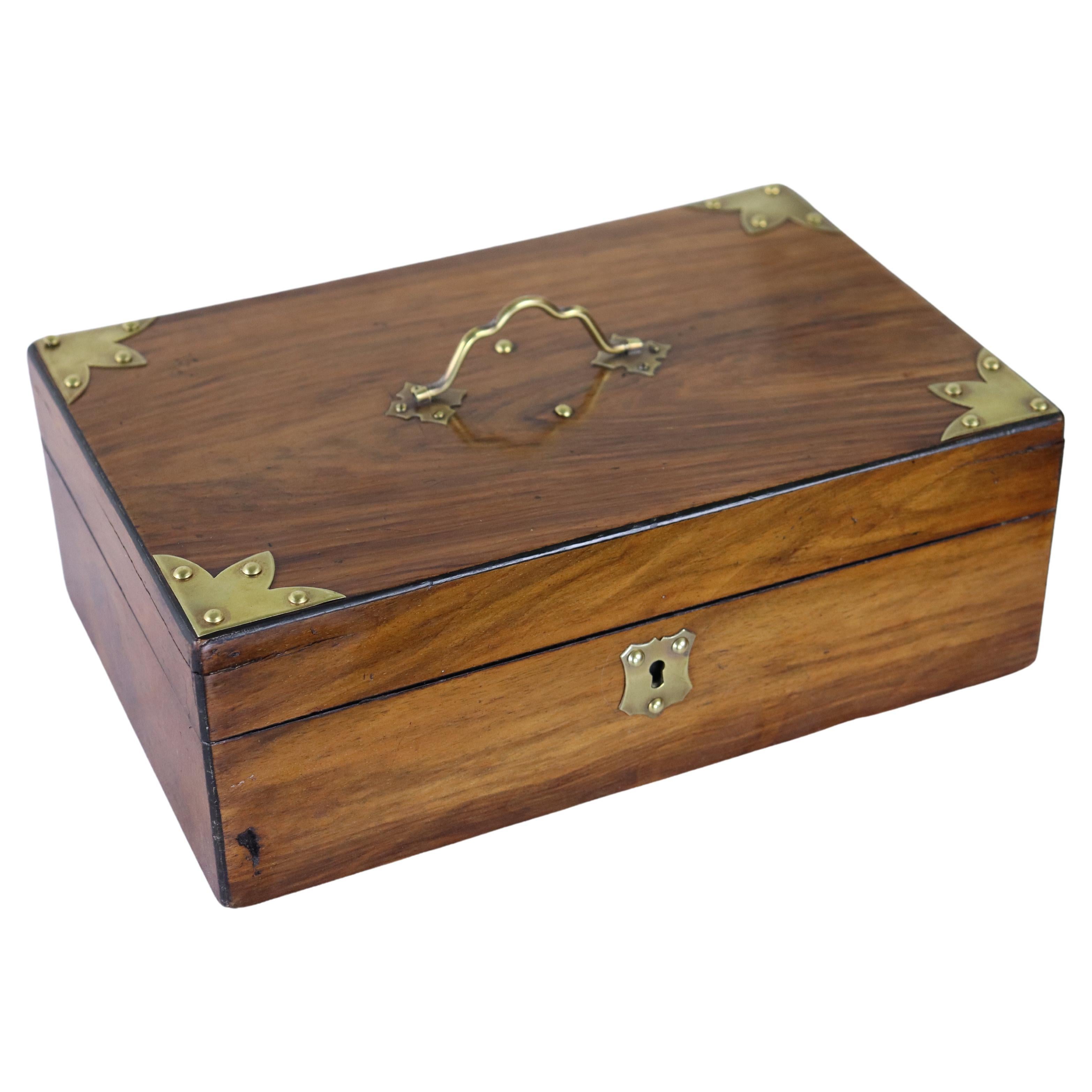 Antique Walnut Box with Brass Accents For Sale