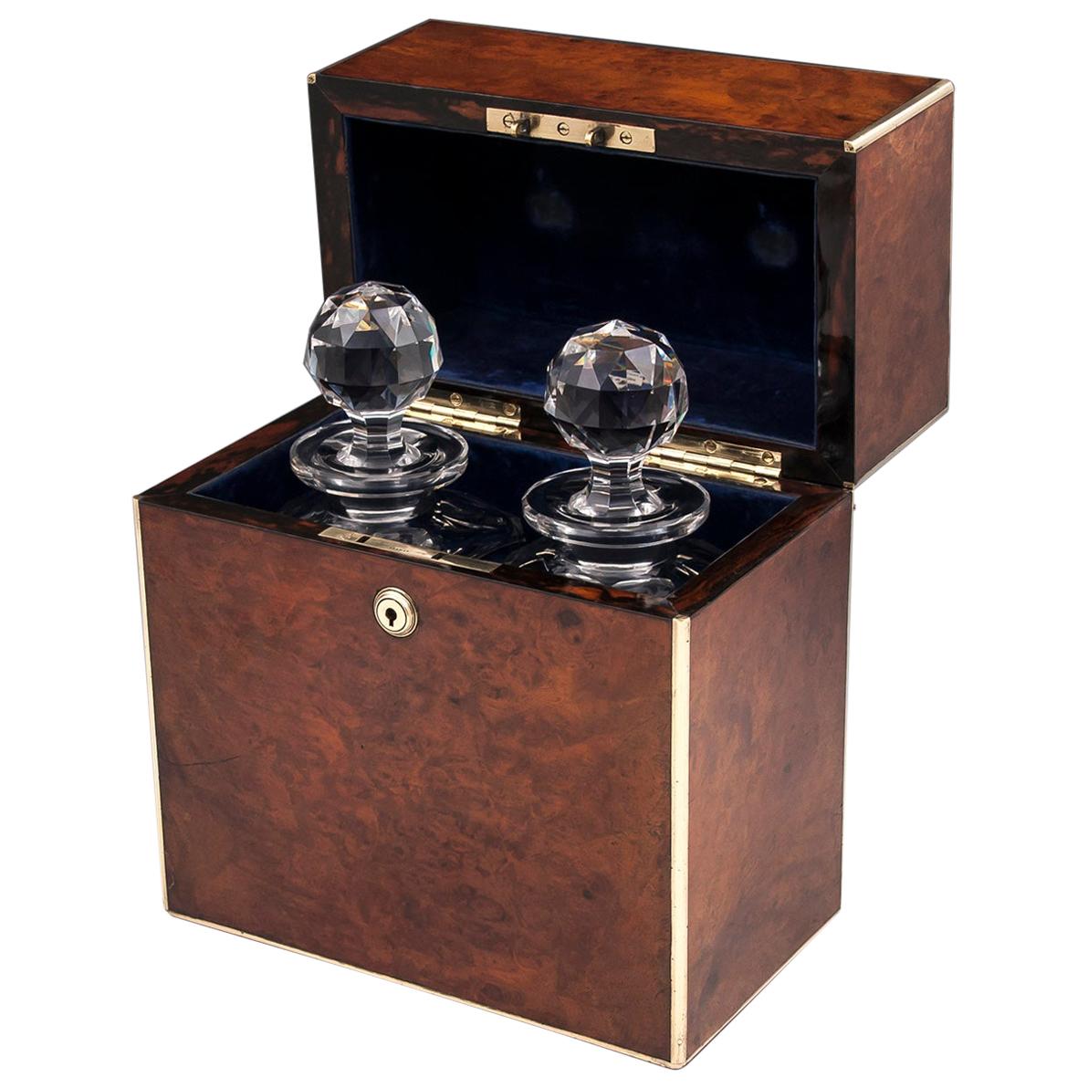Antique Walnut Brass Army and Navy Decanter Box, 19th Century For Sale