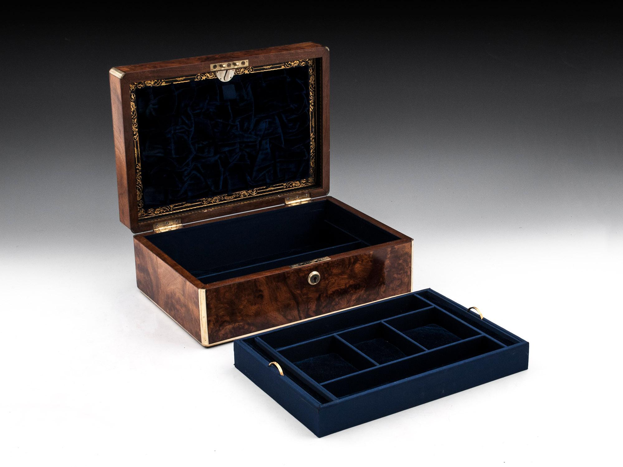 Antique Walnut Brass Bound Jewelry Box, 19th Century 7