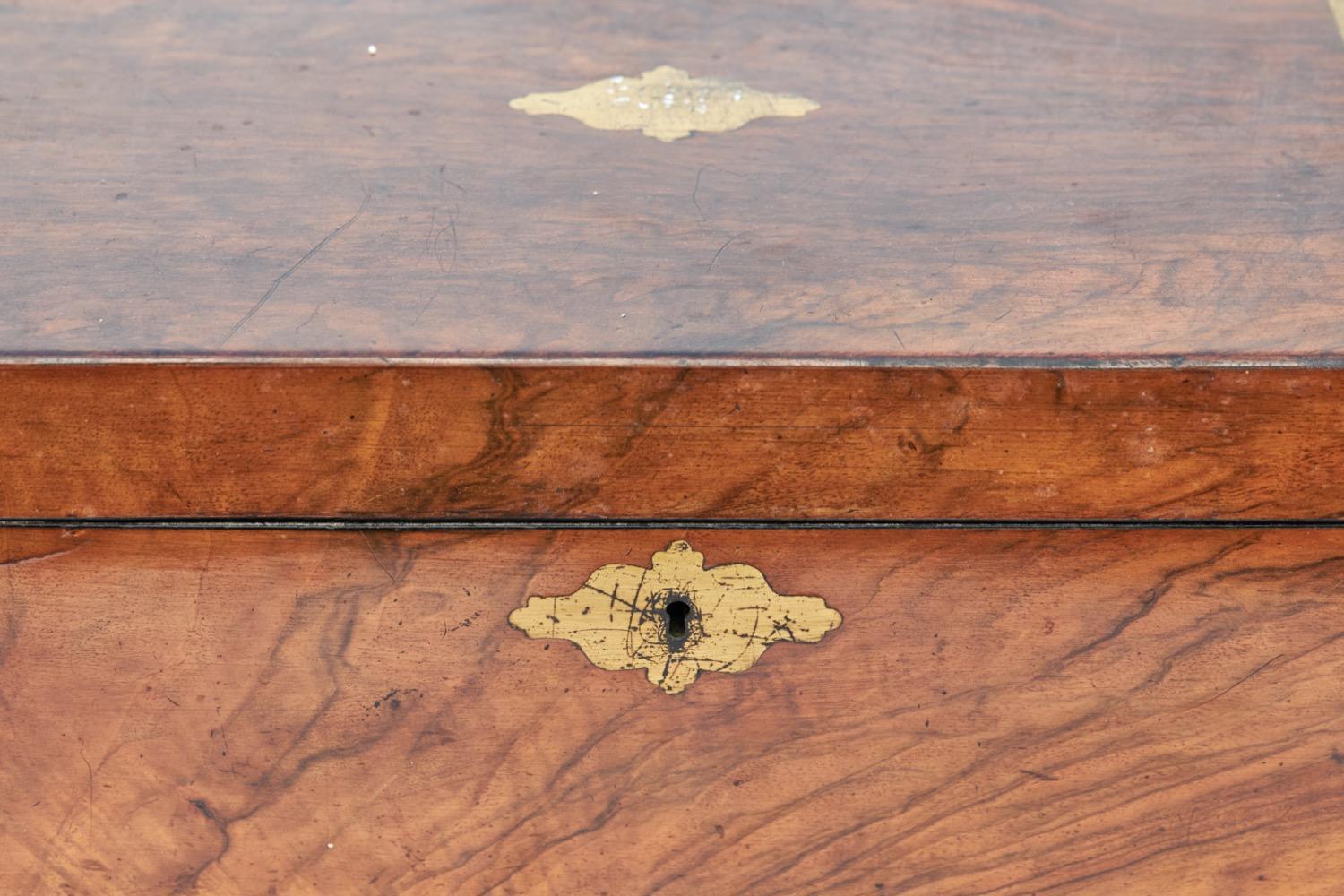 Offered for sale is this Victorian antique walnut brass bound writing box with internal leather lined writing slope, comes with working key.