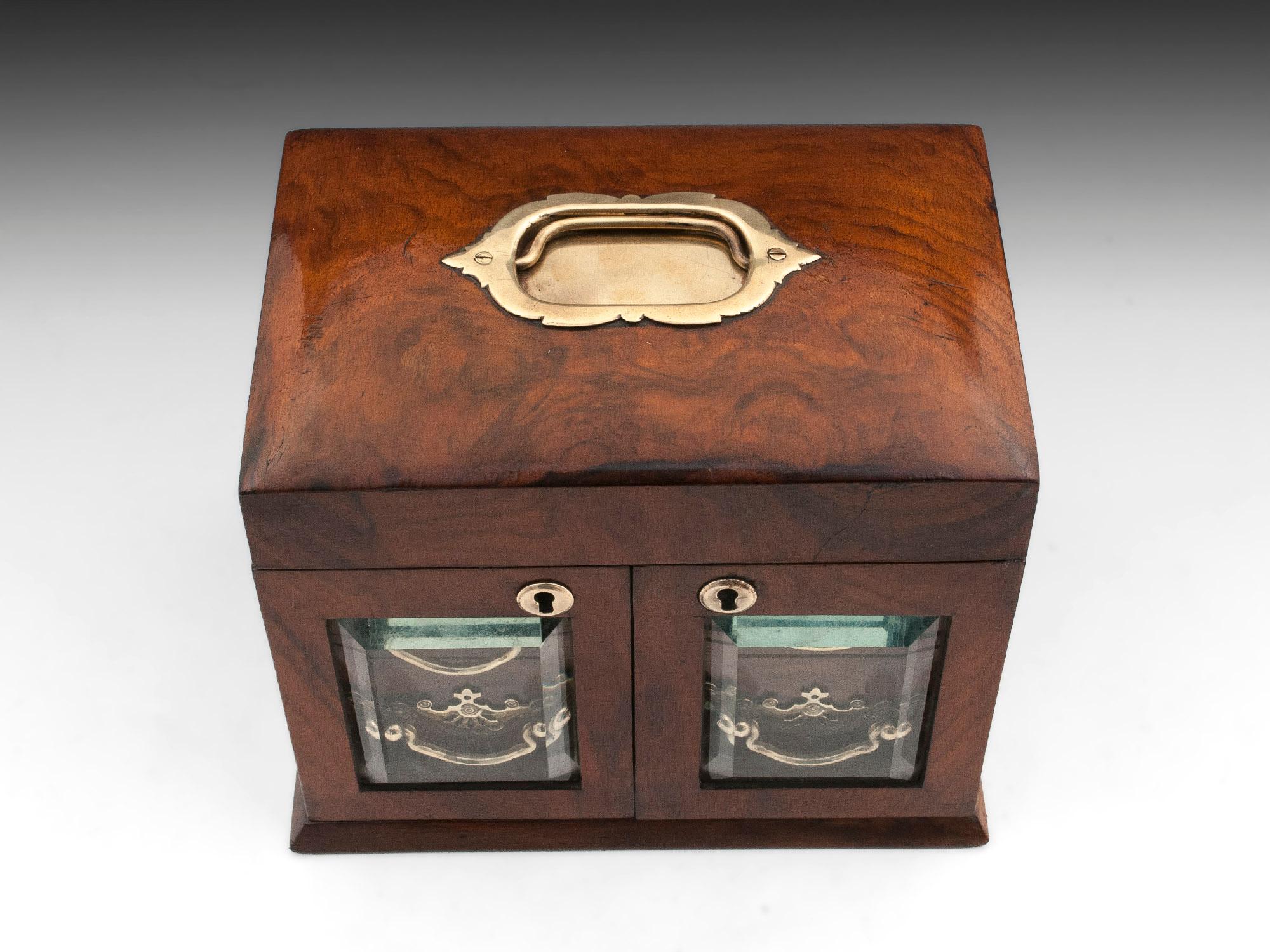 Late Victorian Antique Walnut Brass Glazed Jewelry Cabinet