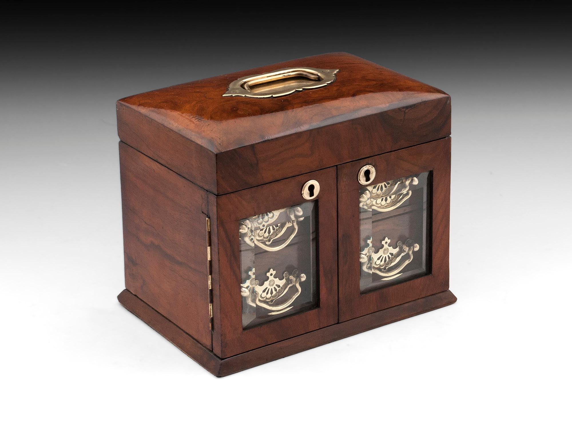 British Antique Walnut Brass Glazed Jewelry Cabinet