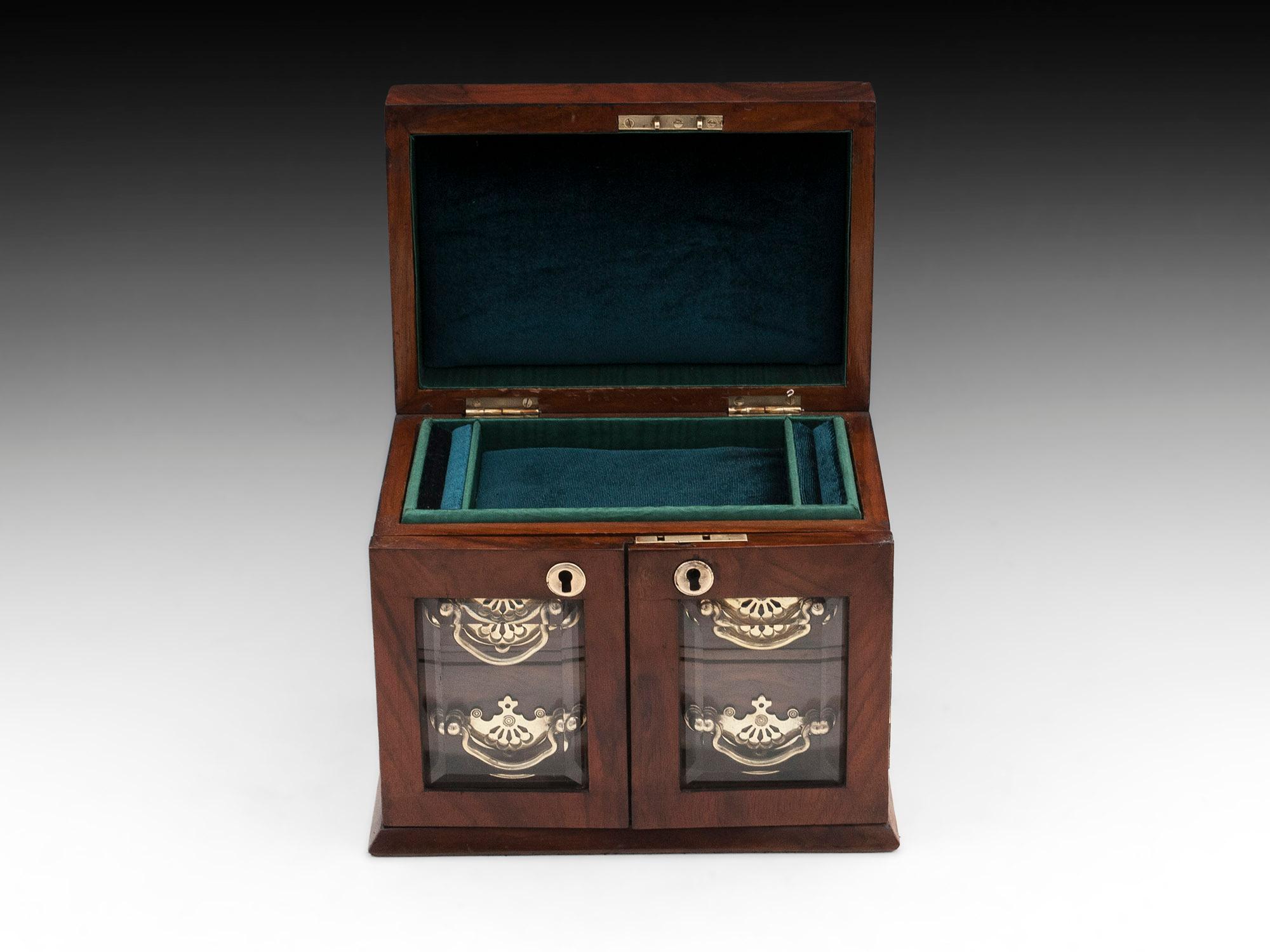 20th Century Antique Walnut Brass Glazed Jewelry Cabinet