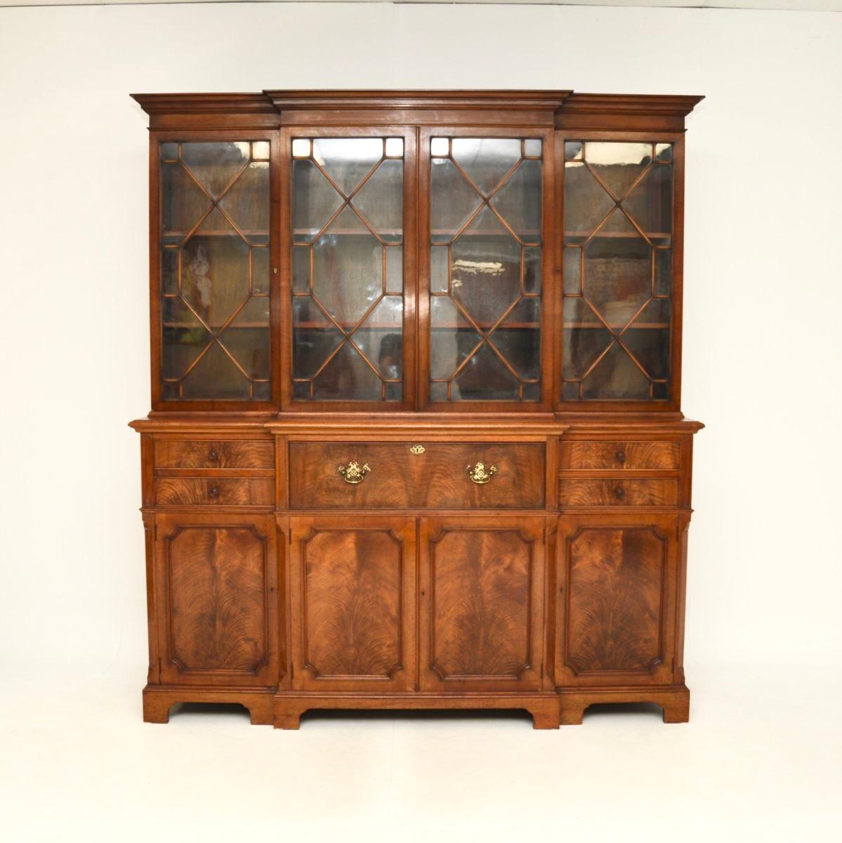 Georgian Antique Walnut Breakfront Secretaire Bookcase