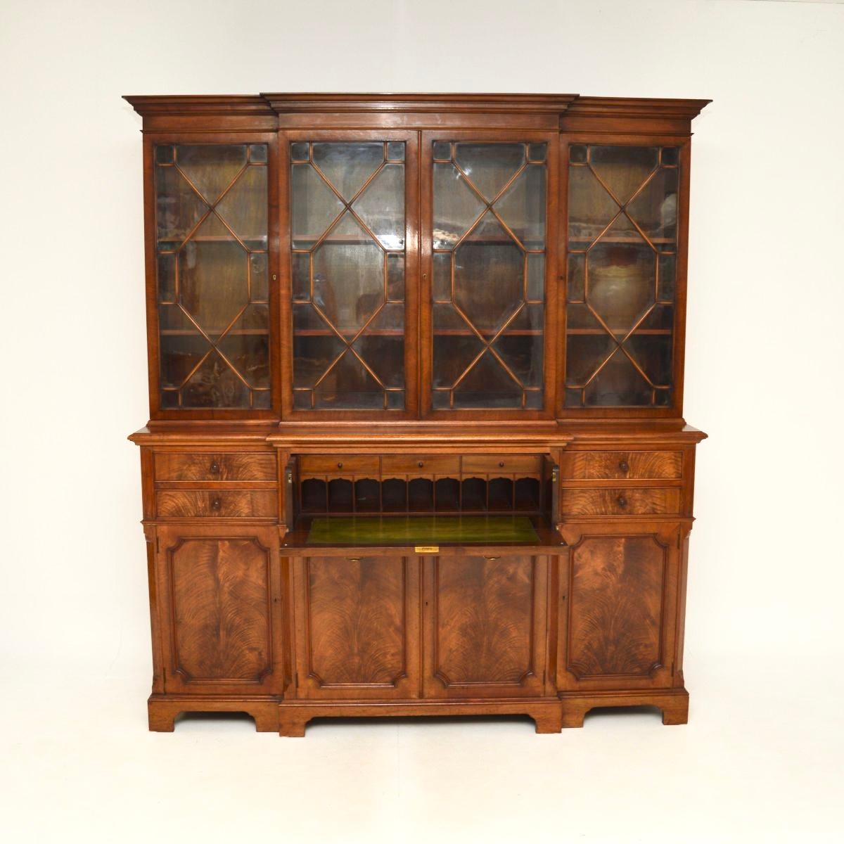 British Antique Walnut Breakfront Secretaire Bookcase