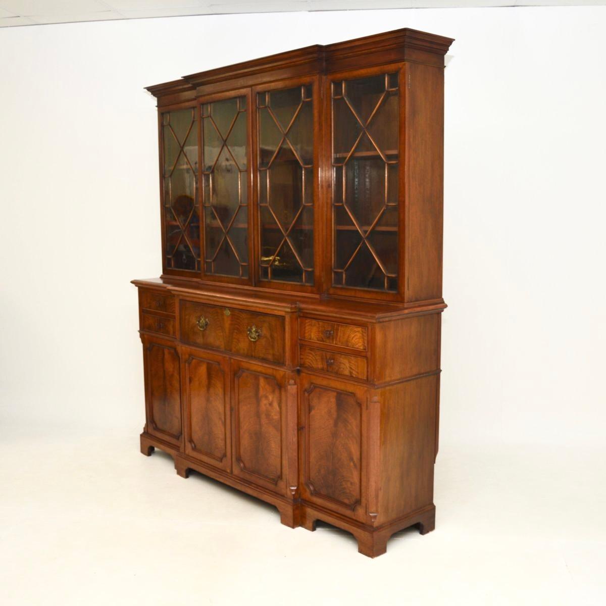 Glass Antique Walnut Breakfront Secretaire Bookcase