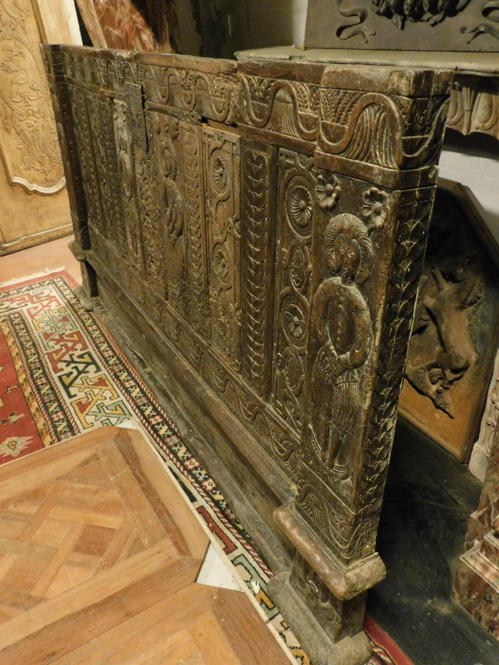 Hand-Carved Antique Walnut Brown Panel Carved with Human Figures, Original, Spain, 1500