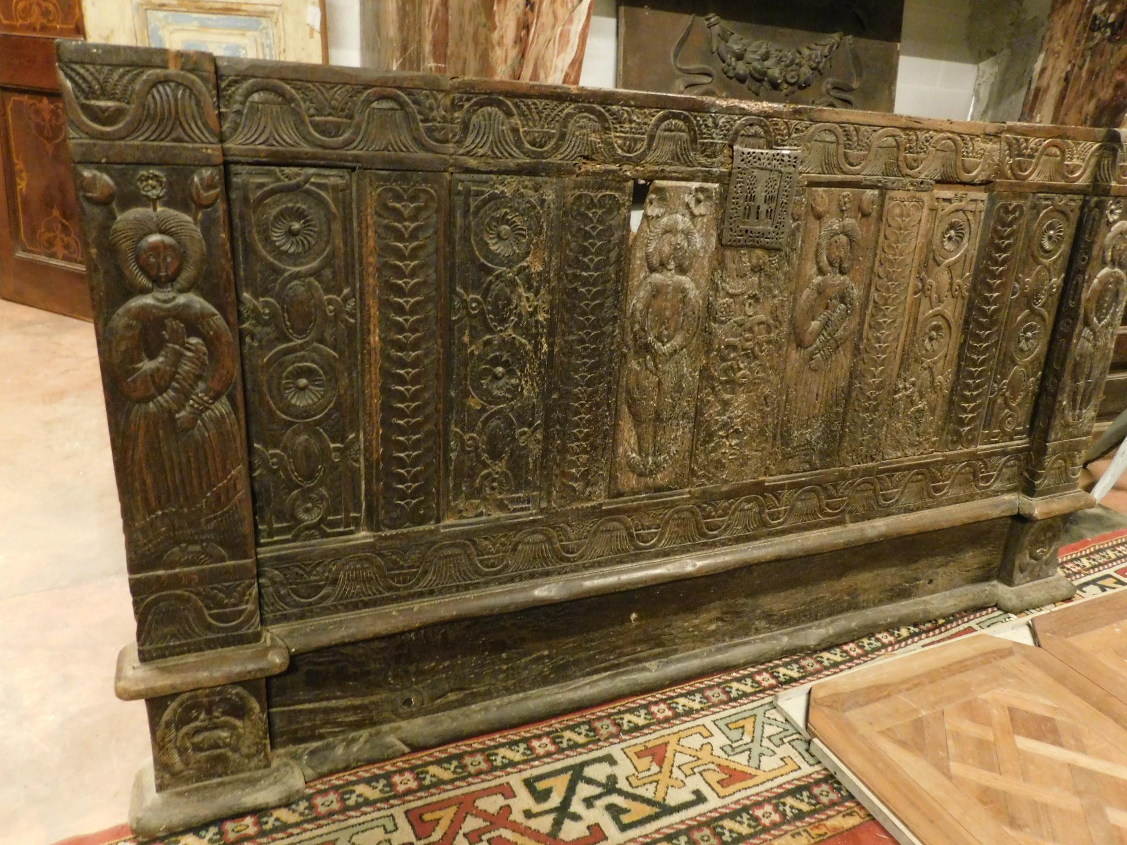 18th Century and Earlier Antique Walnut Brown Panel Carved with Human Figures, Original, Spain, 1500