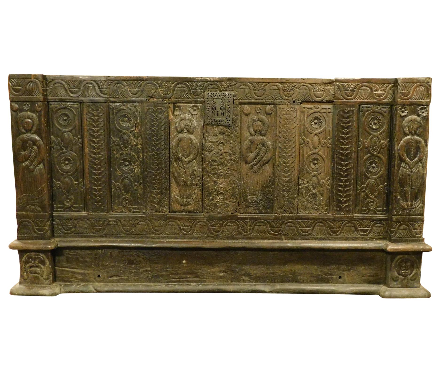 Antique Walnut Brown Panel Carved with Human Figures, Original, Spain, 1500