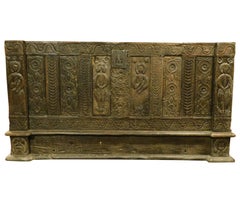 Antique Walnut Brown Panel Carved with Human Figures, Original, Spain, 1500