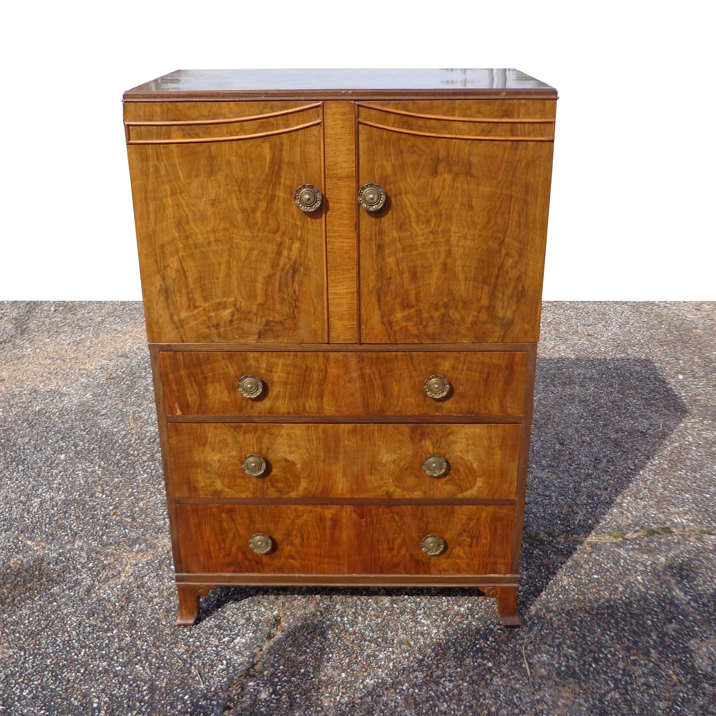 Mid-Century Modern Antique Walnut Burl Dresser Armoire Linen Cabinet For Sale