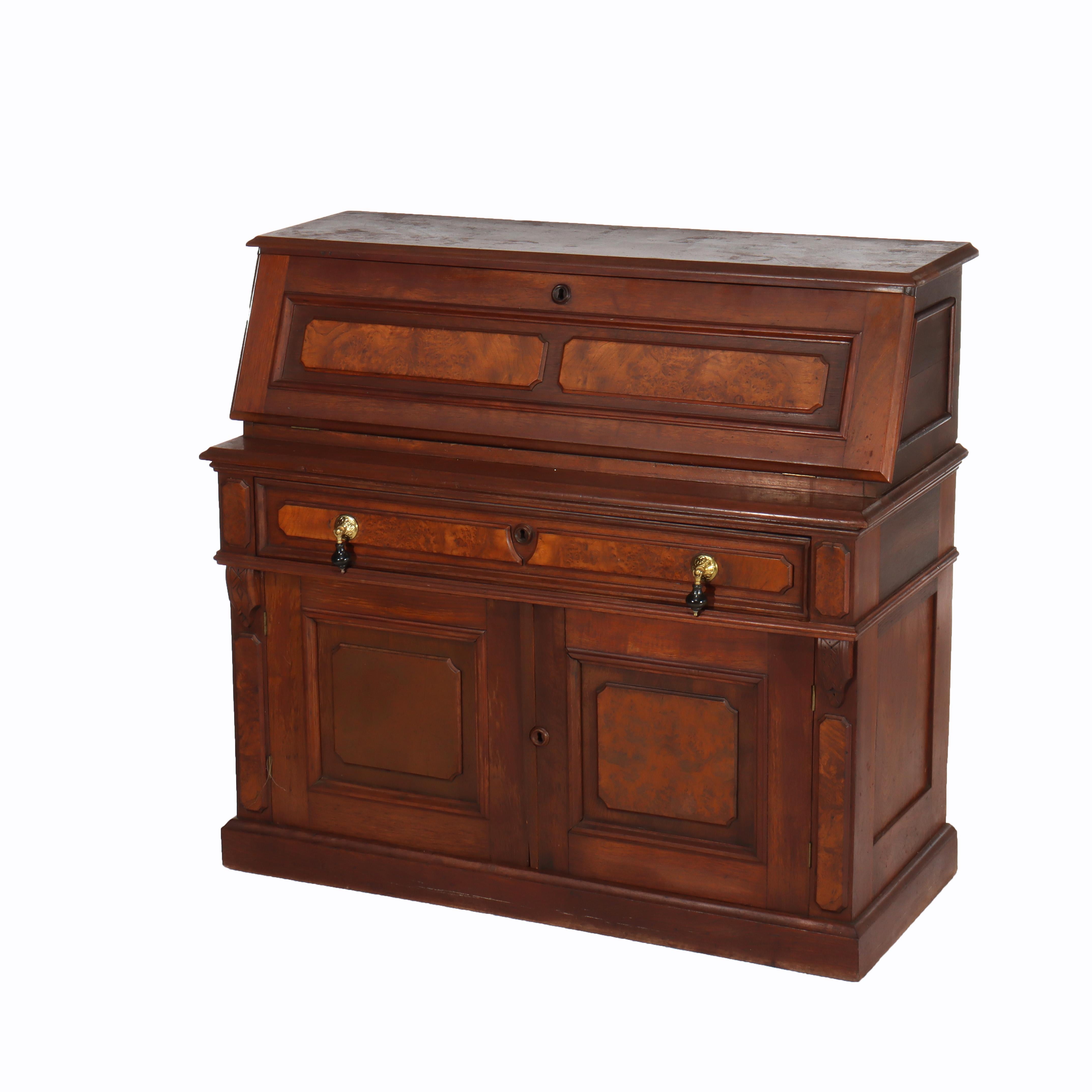 Antique Walnut & Burl Drop Front Desk With Teardrop Pulls c1880 In Good Condition For Sale In Big Flats, NY