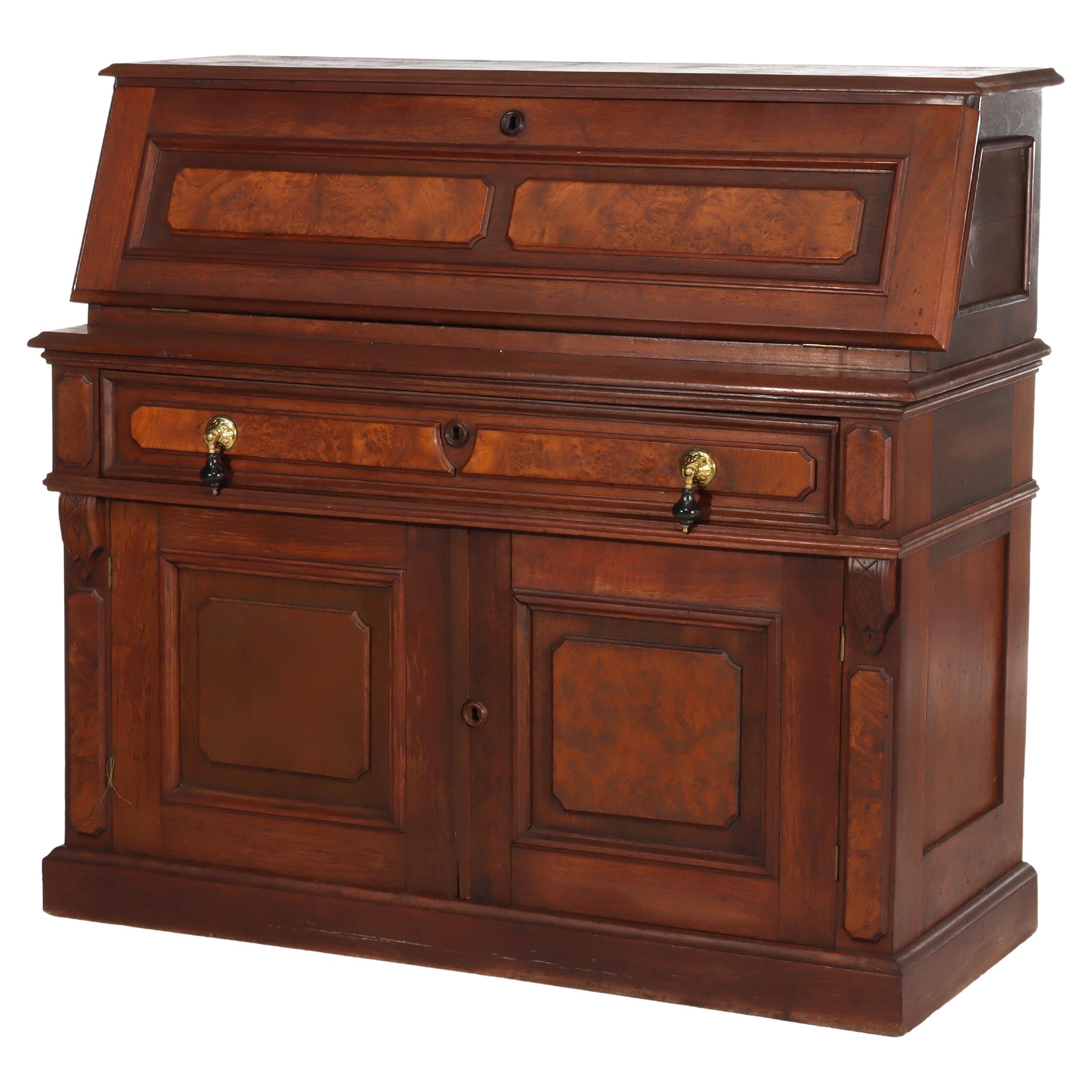 Antique Walnut & Burl Drop Front Desk With Teardrop Pulls c1880 For Sale