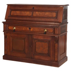 Antique Walnut & Burl Drop Front Desk With Teardrop Pulls c1880 Antique Walnut & Burl Drop Front Desk With Teardrop Pulls c1880
