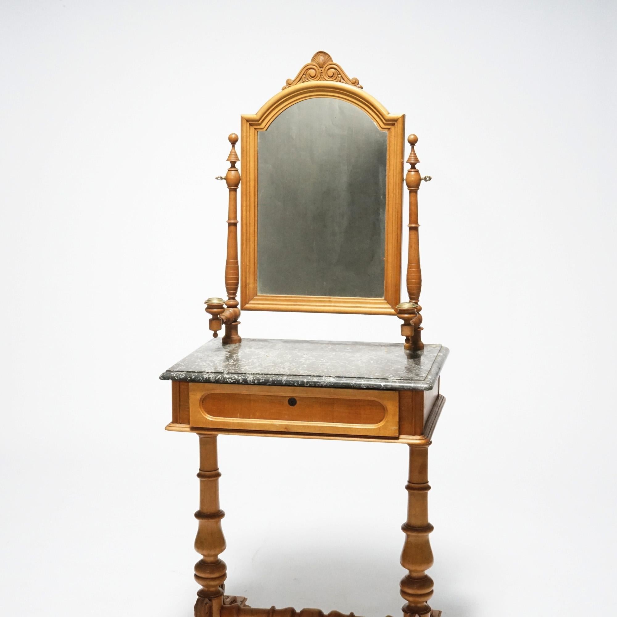 Carved Antique Walnut & Burl Marble Top Dressing Table, Mirror & Candle Stands, 19th C.