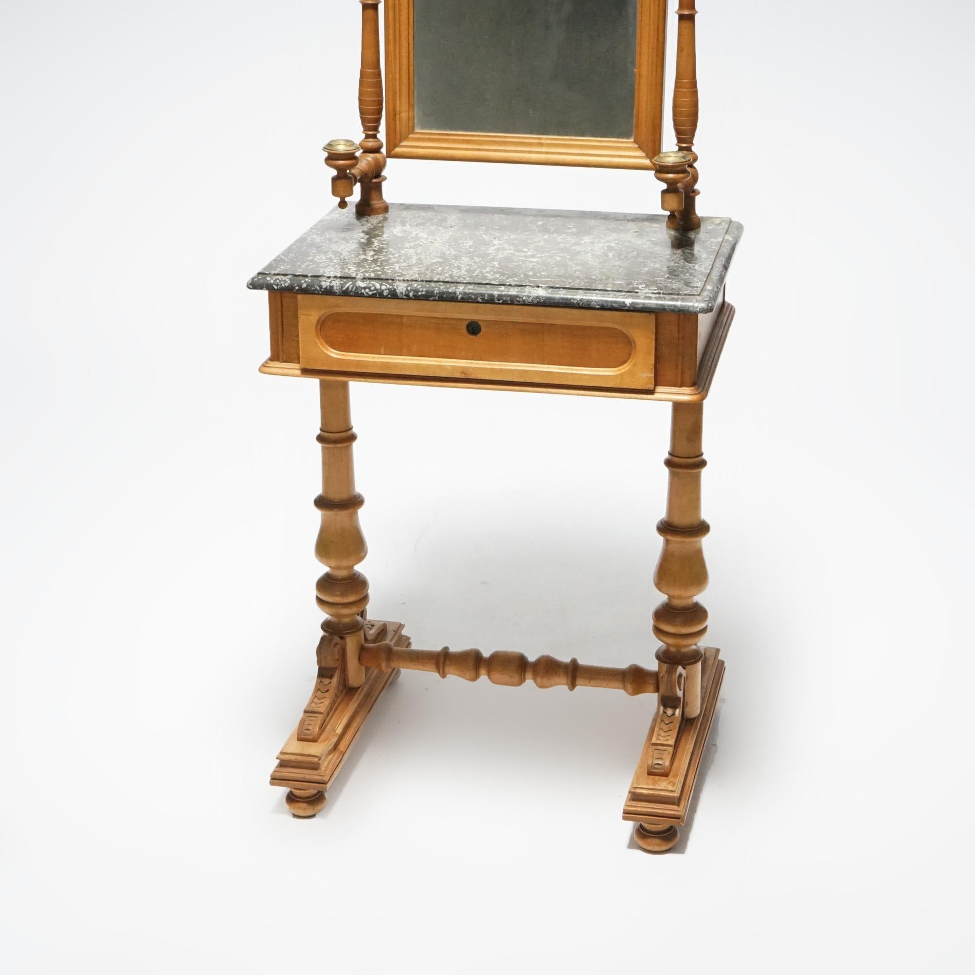 19th Century Antique Walnut & Burl Marble Top Dressing Table, Mirror & Candle Stands, 19th C.