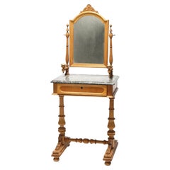 Antique Walnut & Burl Marble Top Dressing Table, Mirror & Candle Stands, 19th C.