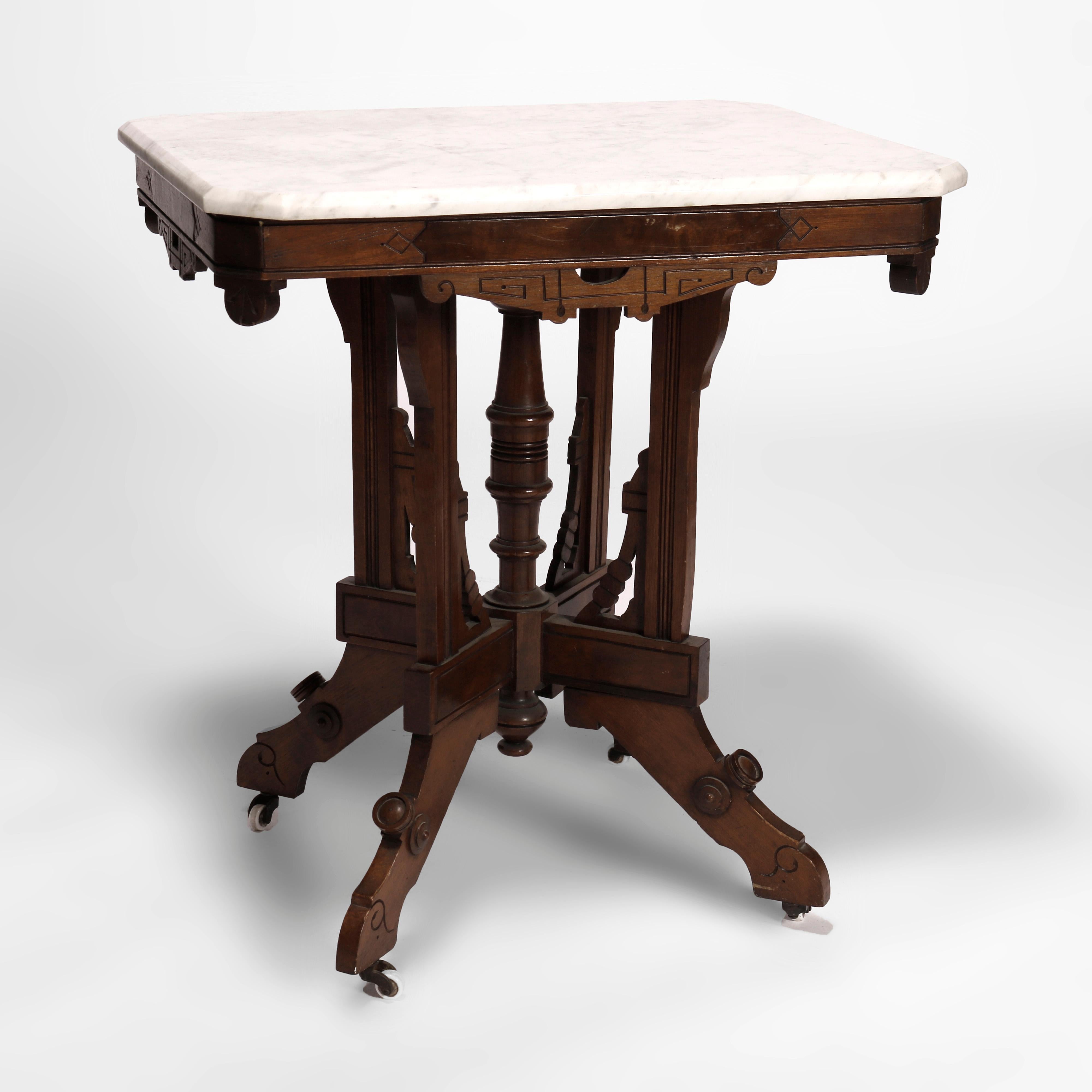 Antique Walnut & Burl Marble Top Parlor Table Circa 1890 In Good Condition In Big Flats, NY