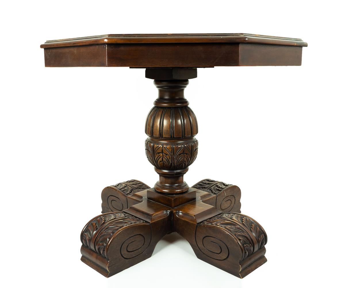 A pair of octagonal antique walnut burl wooden pedestal side tables with a beautifully carved walnut base that provides the ultimate level of luxury.