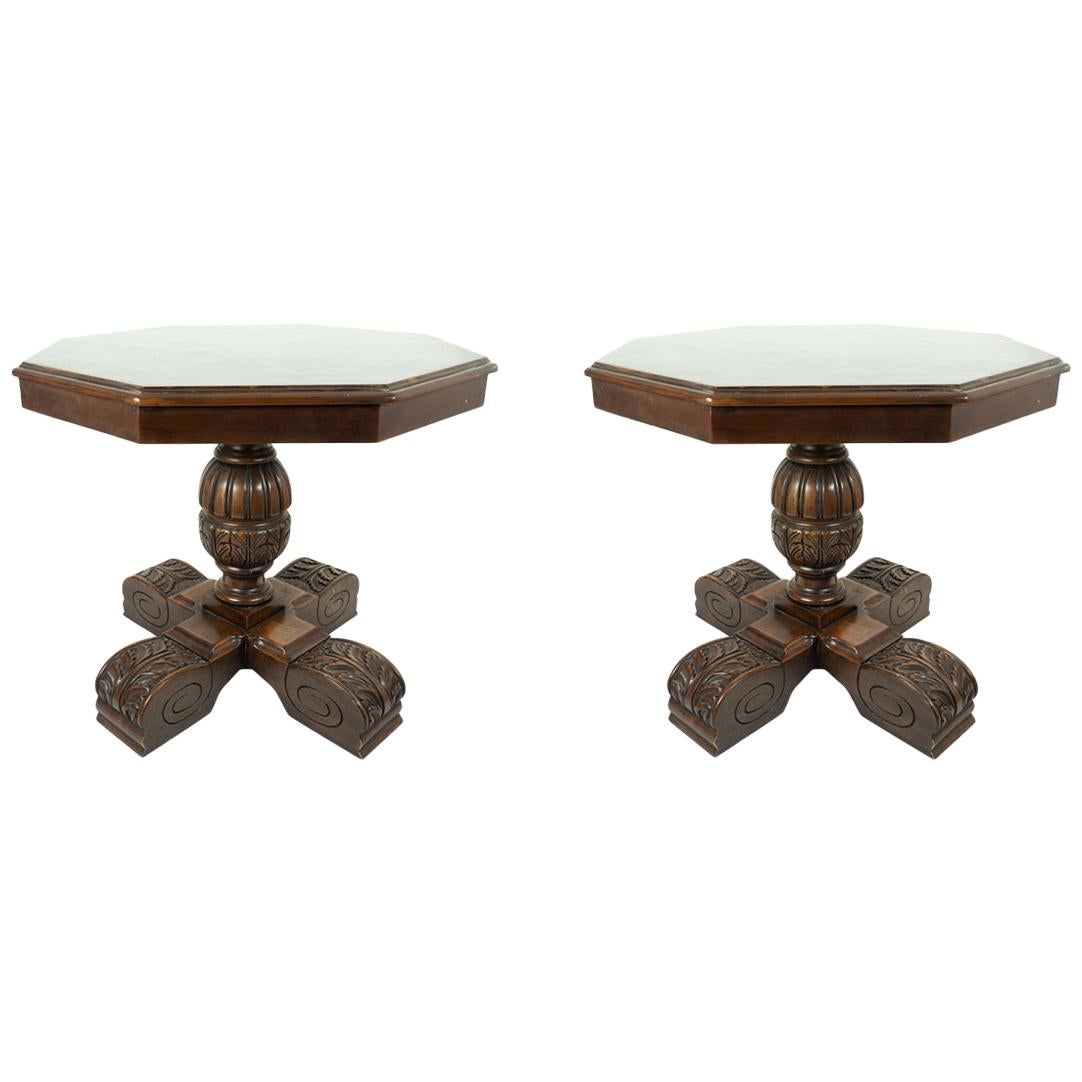 Antique Walnut Burl Wooden Pedestal Side Tables For Sale