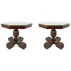 Antique Walnut Burl Wooden Pedestal Side Tables