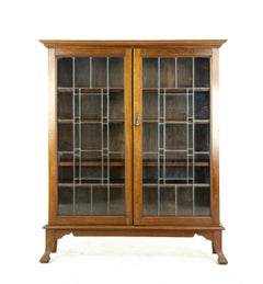 Antique Walnut Cabinet, Antique Leaded Glass Bookcase, Scotland 1910, B1392