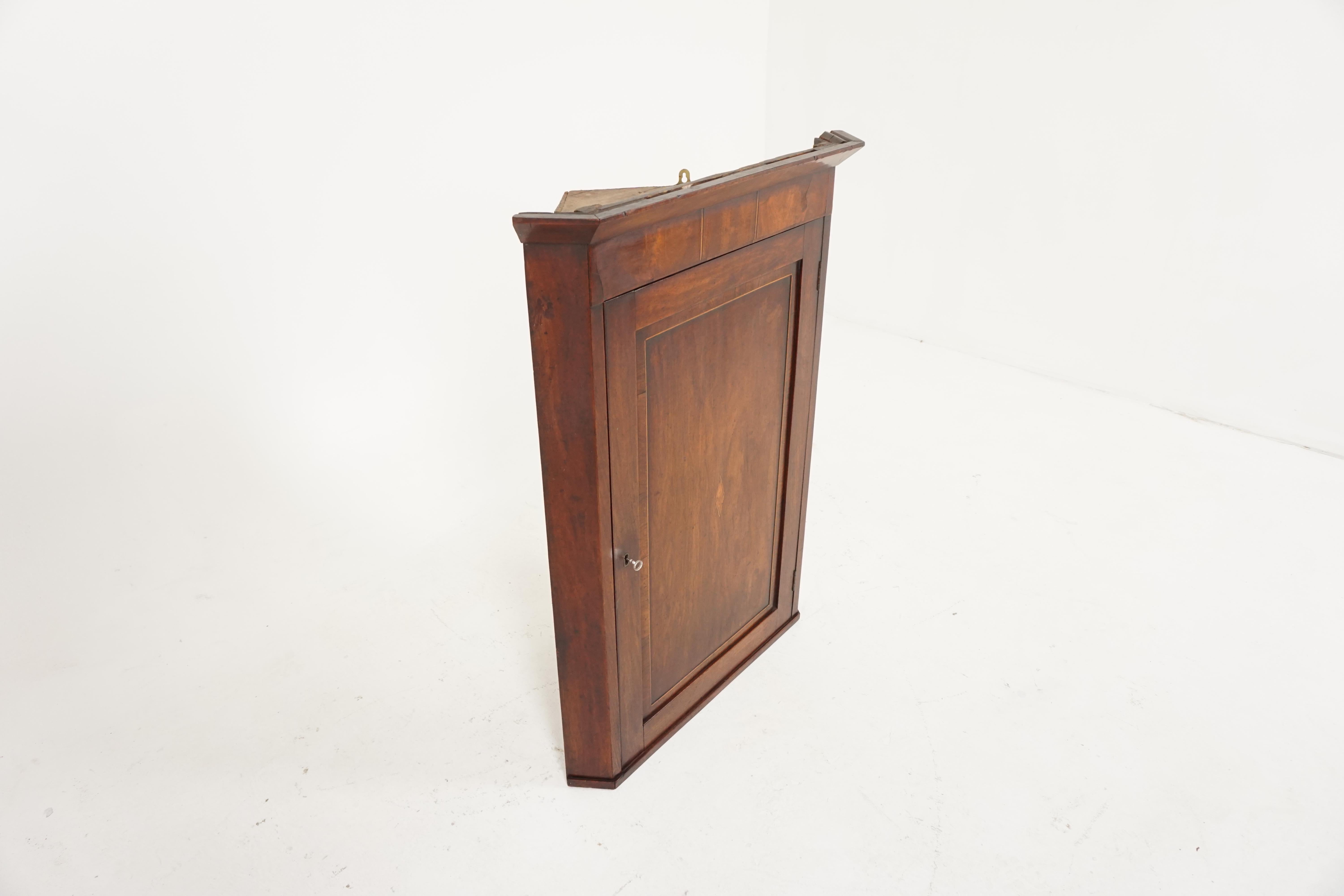 Antique walnut cabinet, Georgian inlaid hanging corner cabinet, Antique Furniture, Scotland 1810, B1816

Scotland 1810
Walnut and veneers
Original finish
Detailed cornice above
Slightly canted corners
Paneled door with inlay on the
