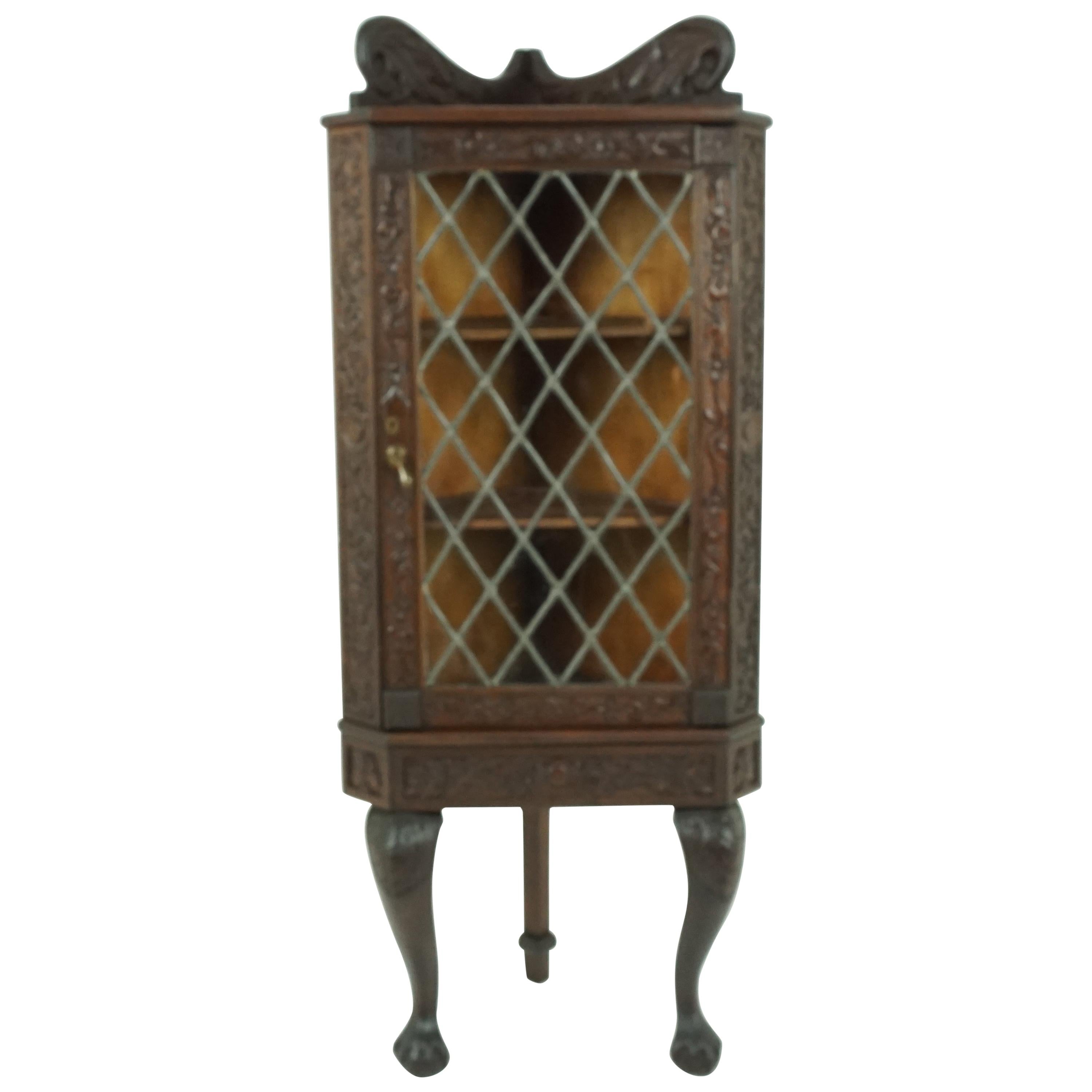 Antique Walnut Cabinet, Heavily Carved Corner Cabinet, Scotland 1880, B1869