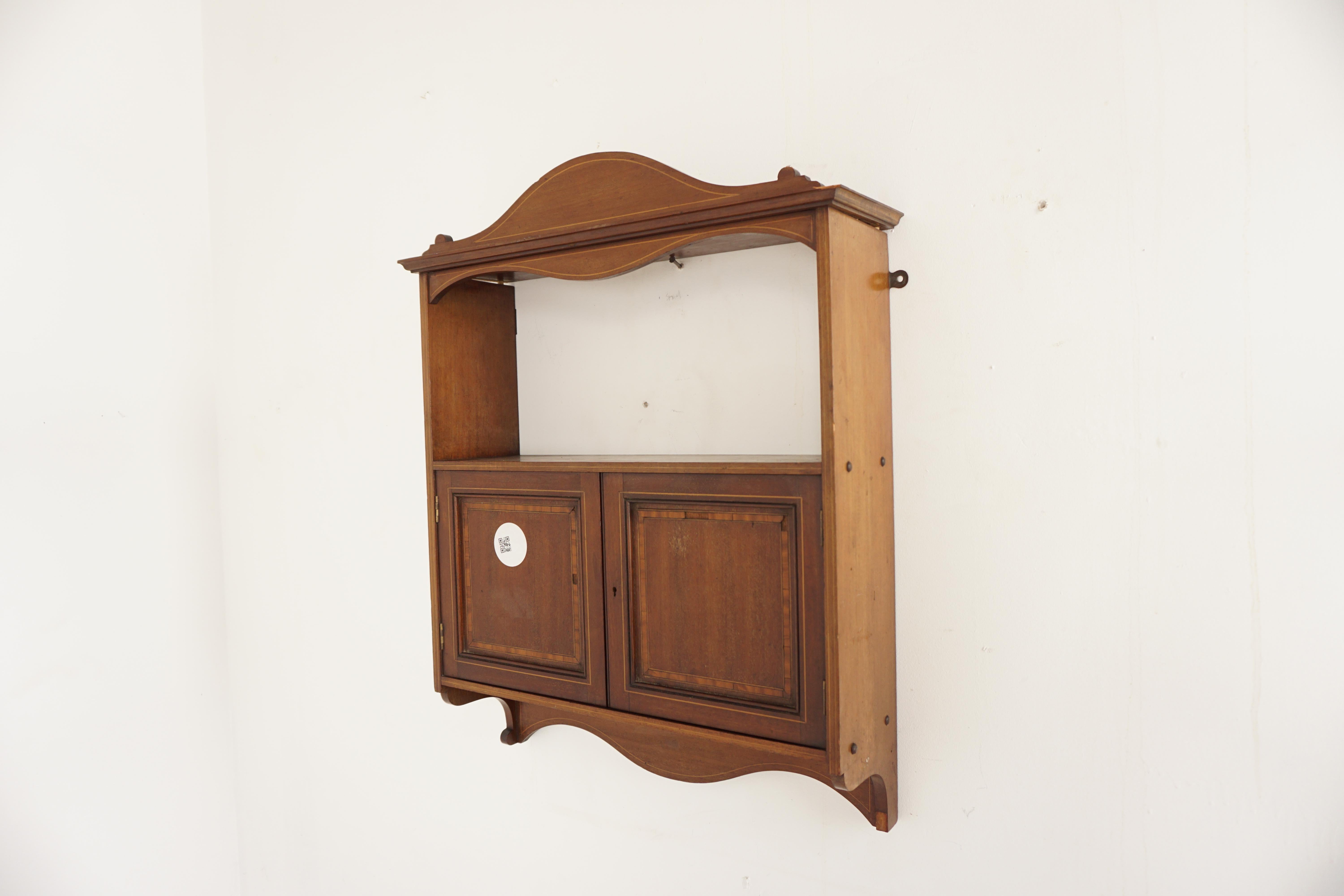 Antique Walnut Cabinet, Victorian Inlaid Wall Cabinet, Display Cabinet, Antique Furniture, Scotland 1890, H1087

+ Scotland 1890
+ Solid Walnut, Satin Walnut Veneers
+ Original Finish
+ Shaped pediment on top with inlay
+ Shelf below
+ Pair