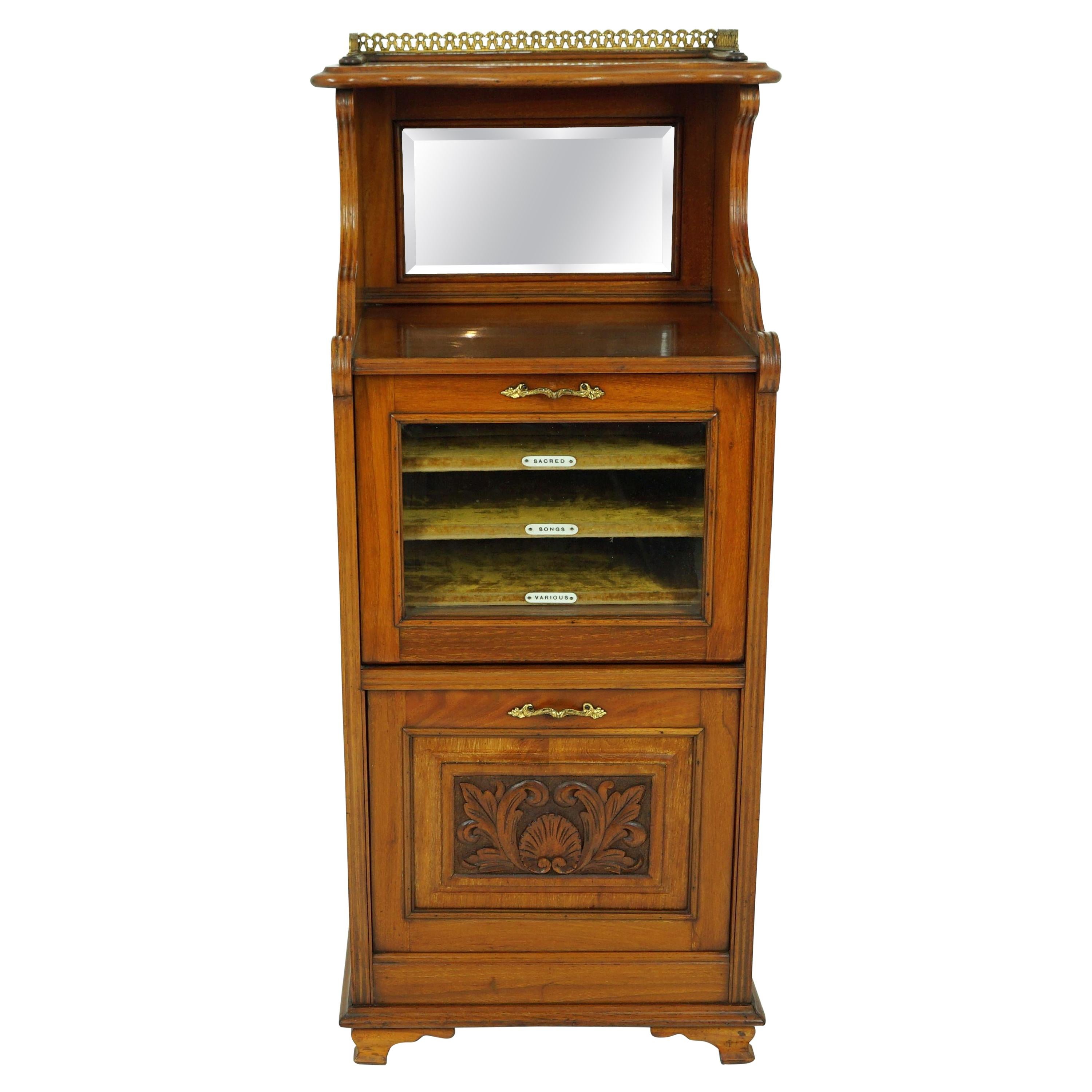 Antique Walnut Cabinet, Victorian Sheet Music Side Cabinet, Scotland 1890, B1877