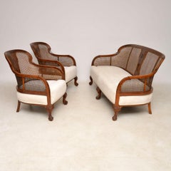 Antique Walnut Caned Bergere Sofa and Pair of Armchairs