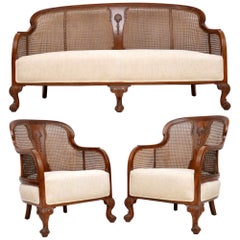 Antique Walnut Caned Bergere Sofa and Pair of Armchairs