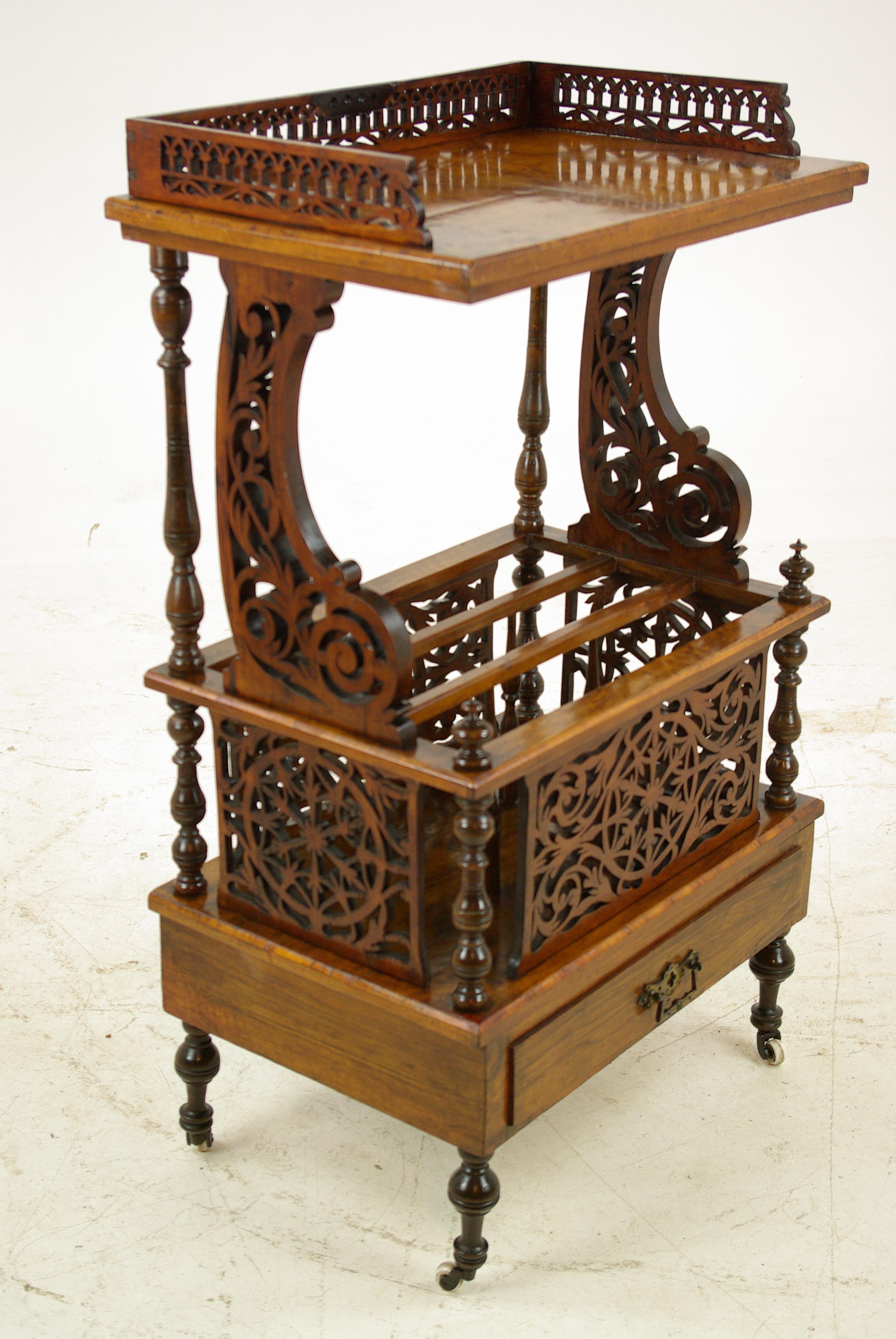 Antique walnut Canterbury, Victorian Music stand, walnut What Not, Scotland 1870, Antique Furniture, B1139

Scotland 1870
Shaped Fretwork to Gallery
Lovely burr walnut top
Shaped Fretwork supports to the Side
Three Divisions below
Supported by four