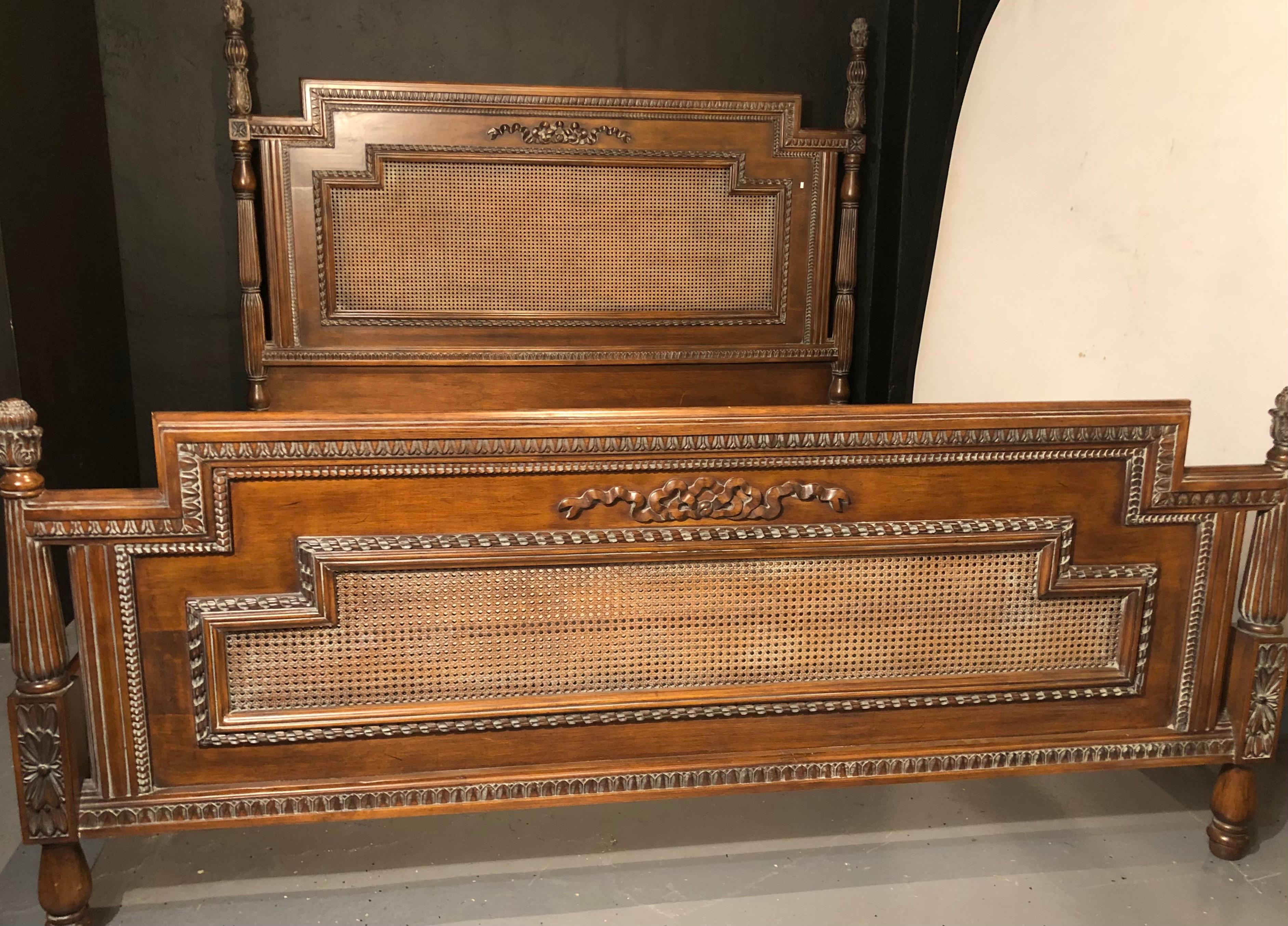 Louis XVI Antique Walnut Carved King Sized Bed, Headboard, Foot-Board and Side-Rails