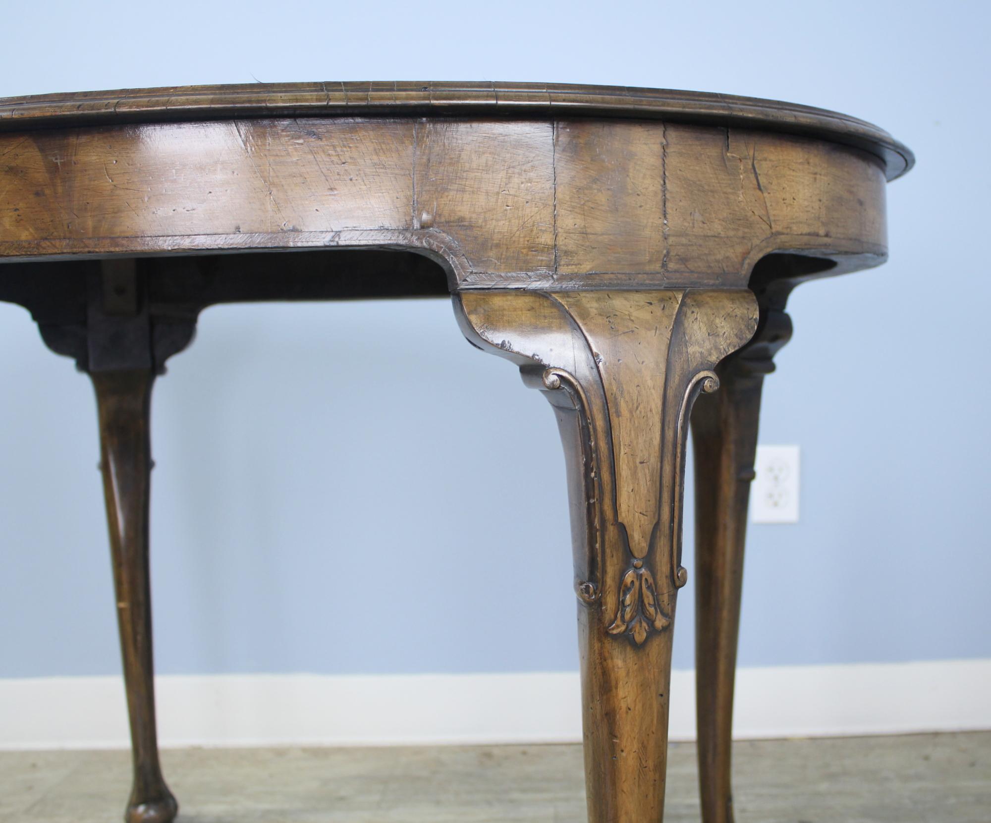 Veneer Antique Walnut Center Table, Carved Cabriole Legs For Sale